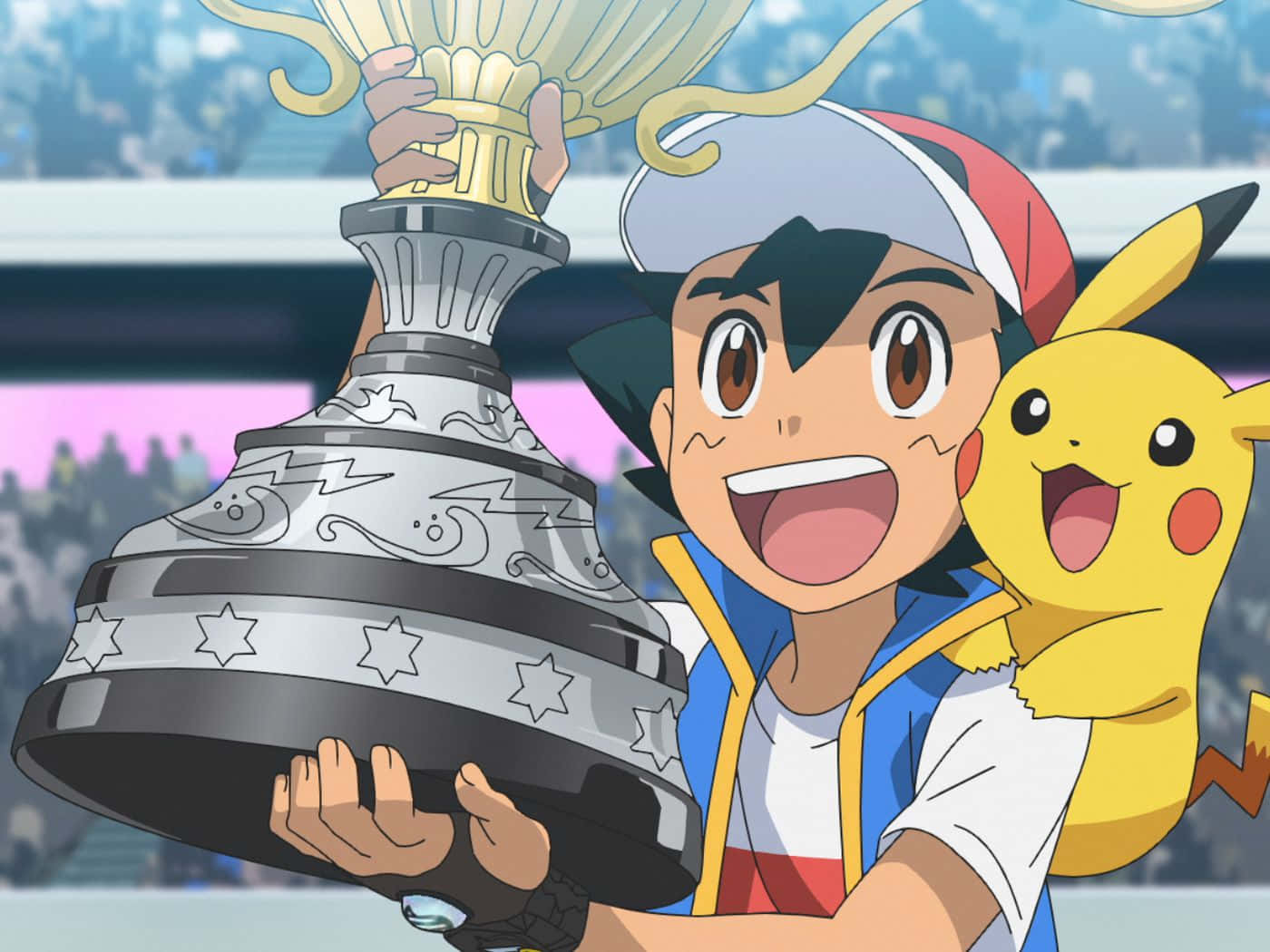 Pokemon Tv Shows 桌布 壁紙 — 小智和皮卡丘在一個充滿歡呼粉絲的體育館中，勝利地高舉一個大型冠軍獎盃慶祝。