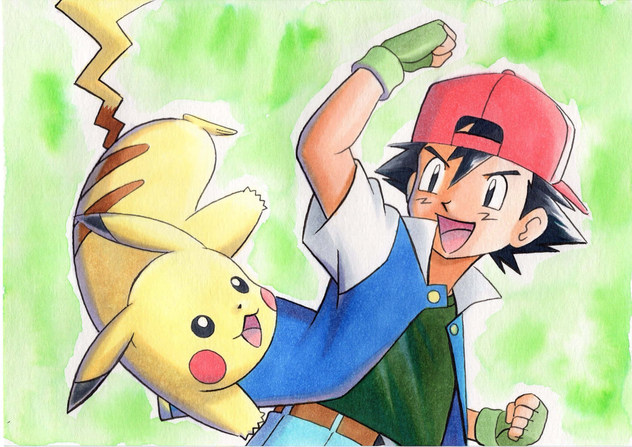 Ash And Pikachu 桌布 壁紙 — 小智和皮卡丘在帶有閃電的鮮豔綠色水彩背景上快樂地跳躍。