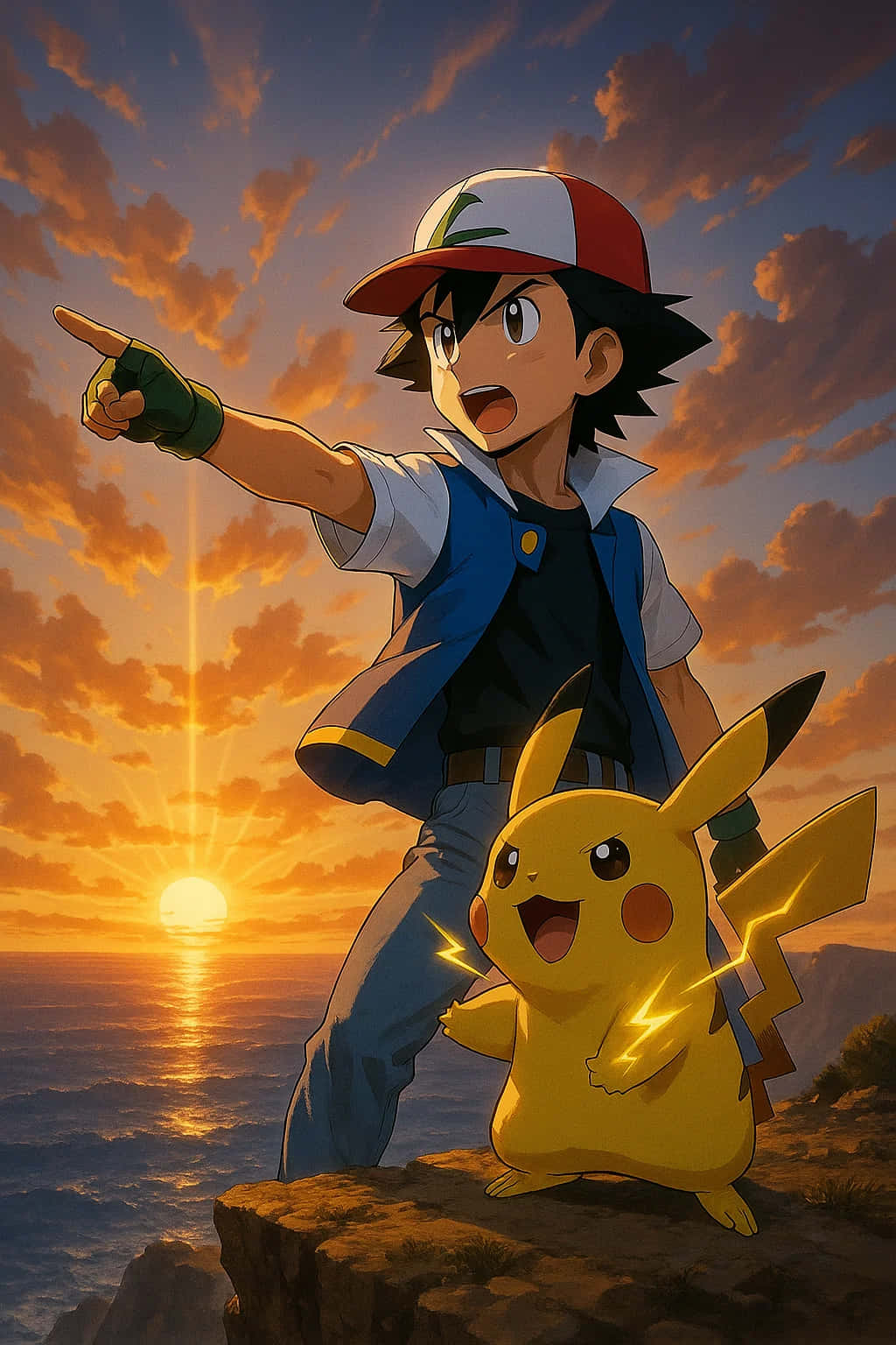 Pikachu HD Wallpaper WEBP 4K Background Download 壁紙 — 小智和皮卡丘在日落時站在懸崖上，指向海洋上的地平線。