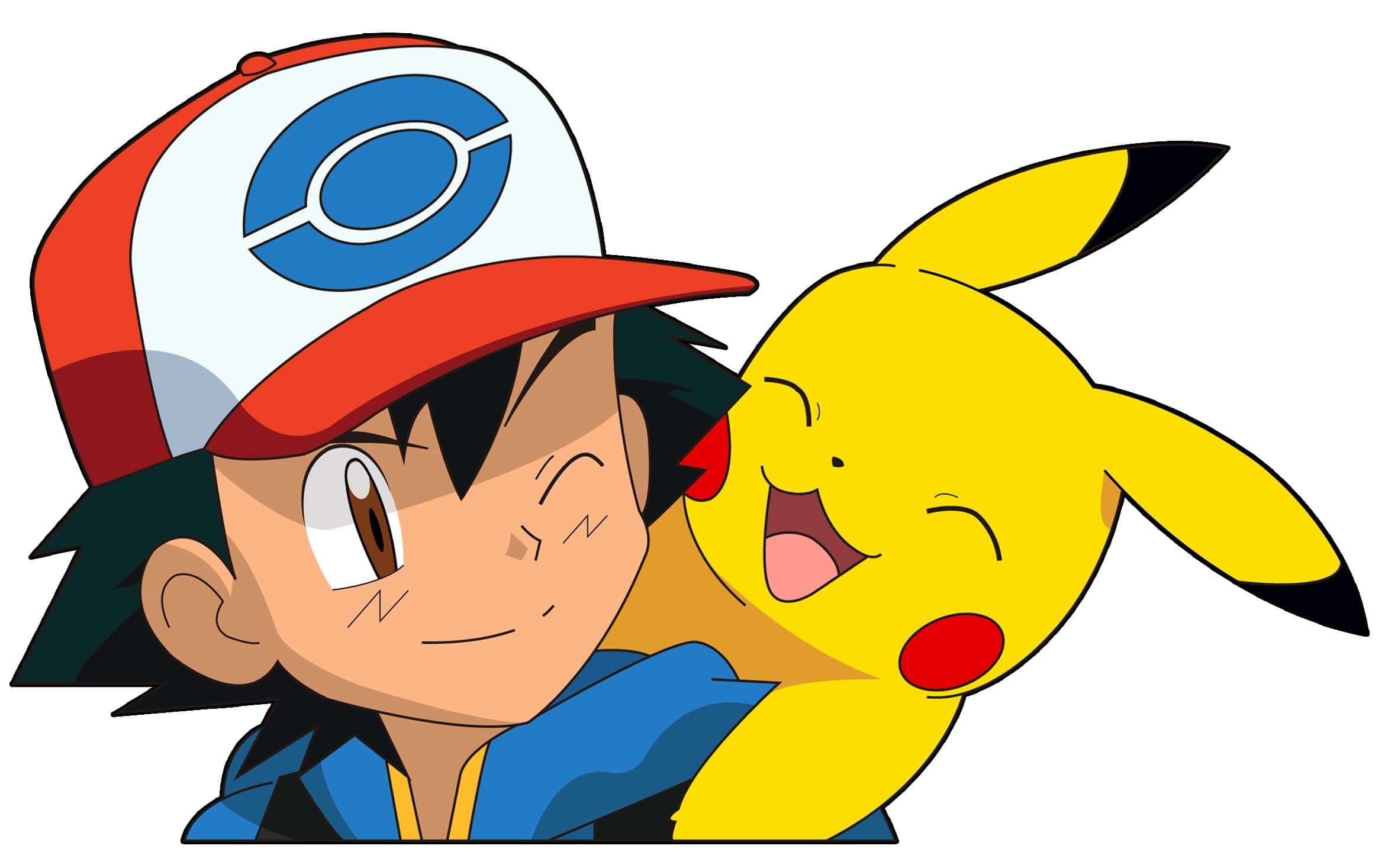 Ash And Pikachu 桌布 壁紙 — 小智和皮卡丘在純白色背景上開心擁抱，皮卡丘笑得非常開心。
