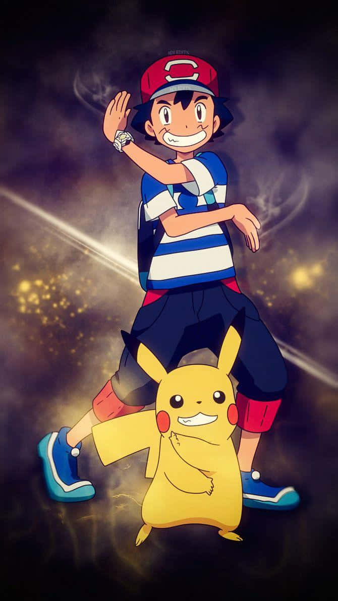 Ash And Pikachu 桌布 壁紙 — 小智和皮卡丘在閃爍的宇宙背景前愉快地擺姿勢，背景有旋轉的暗雲和金色粒子。