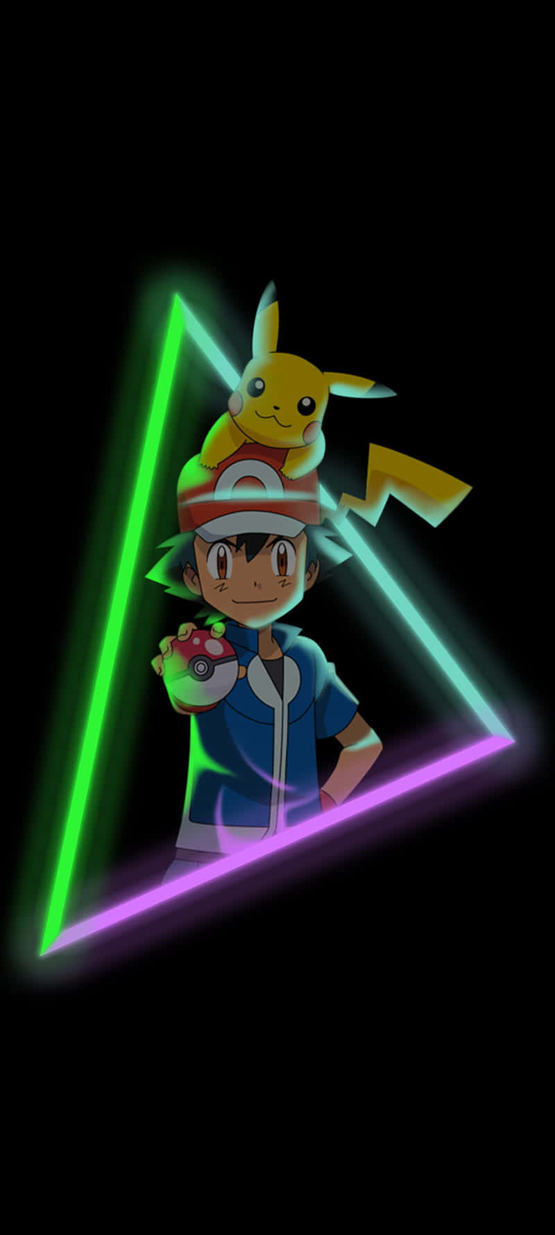 Ash And Pikachu 桌布 壁紙 — 小智和皮卡丘站在黑色背景上發光的霓虹三角形內，手持寶貝球。