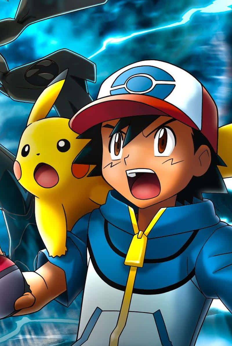 Ash And Pikachu 桌布 壁紙 — 小智和皮卡丘面對著一個 looming 的黑暗機器，背後暴風雨的藍色天空中閃電劈啪作響。