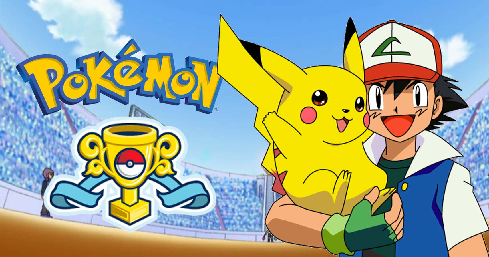 Pokemon League 桌布 壁紙 — 小智在體育館中勝利地擁抱皮卡丘，而寶可夢標誌和獎盃在晴朗的天空下閃閃發光。
