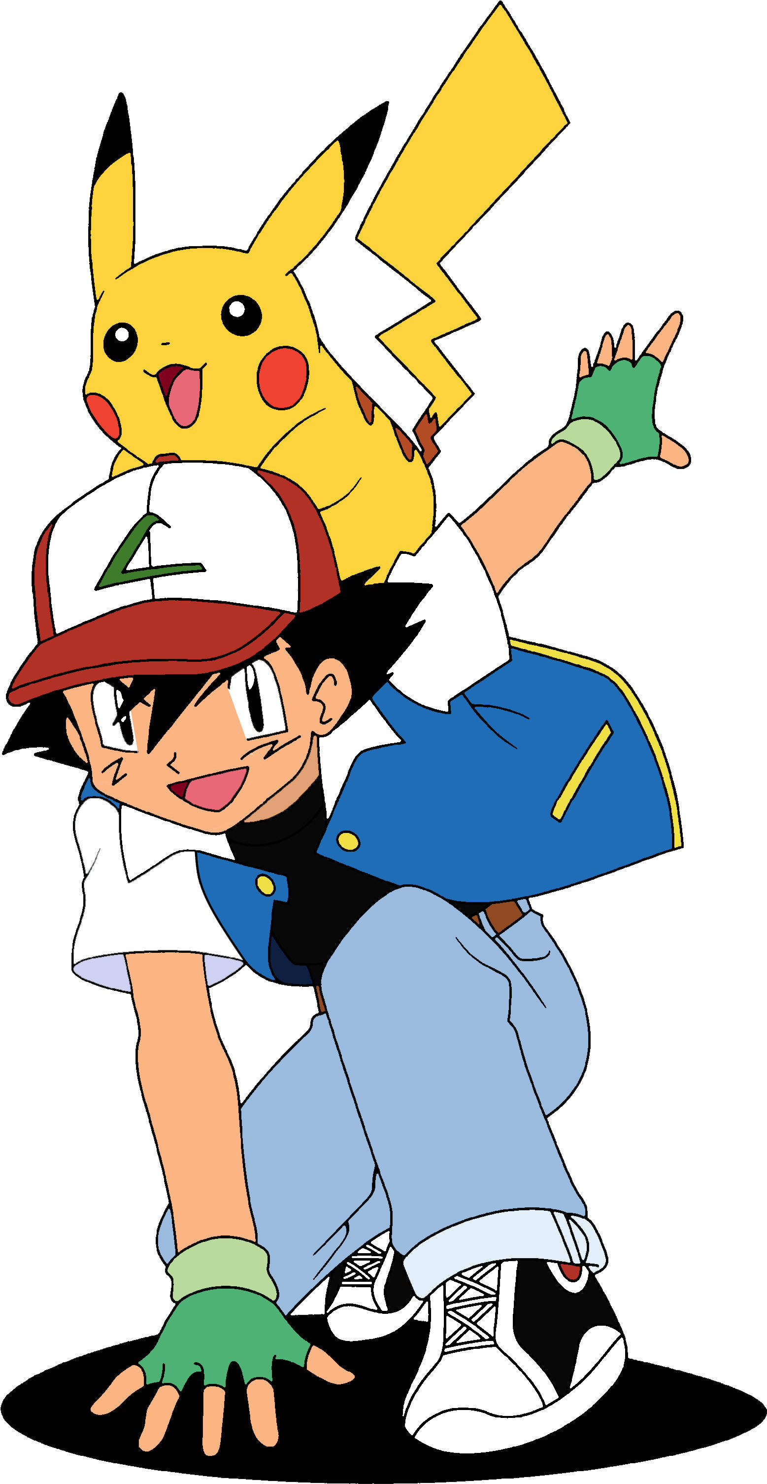 寶可夢 桌布 壁紙 — 小智與皮卡丘以動態姿勢擺拍，皮卡丘的閃電尾巴豎起，小智的手伸出。