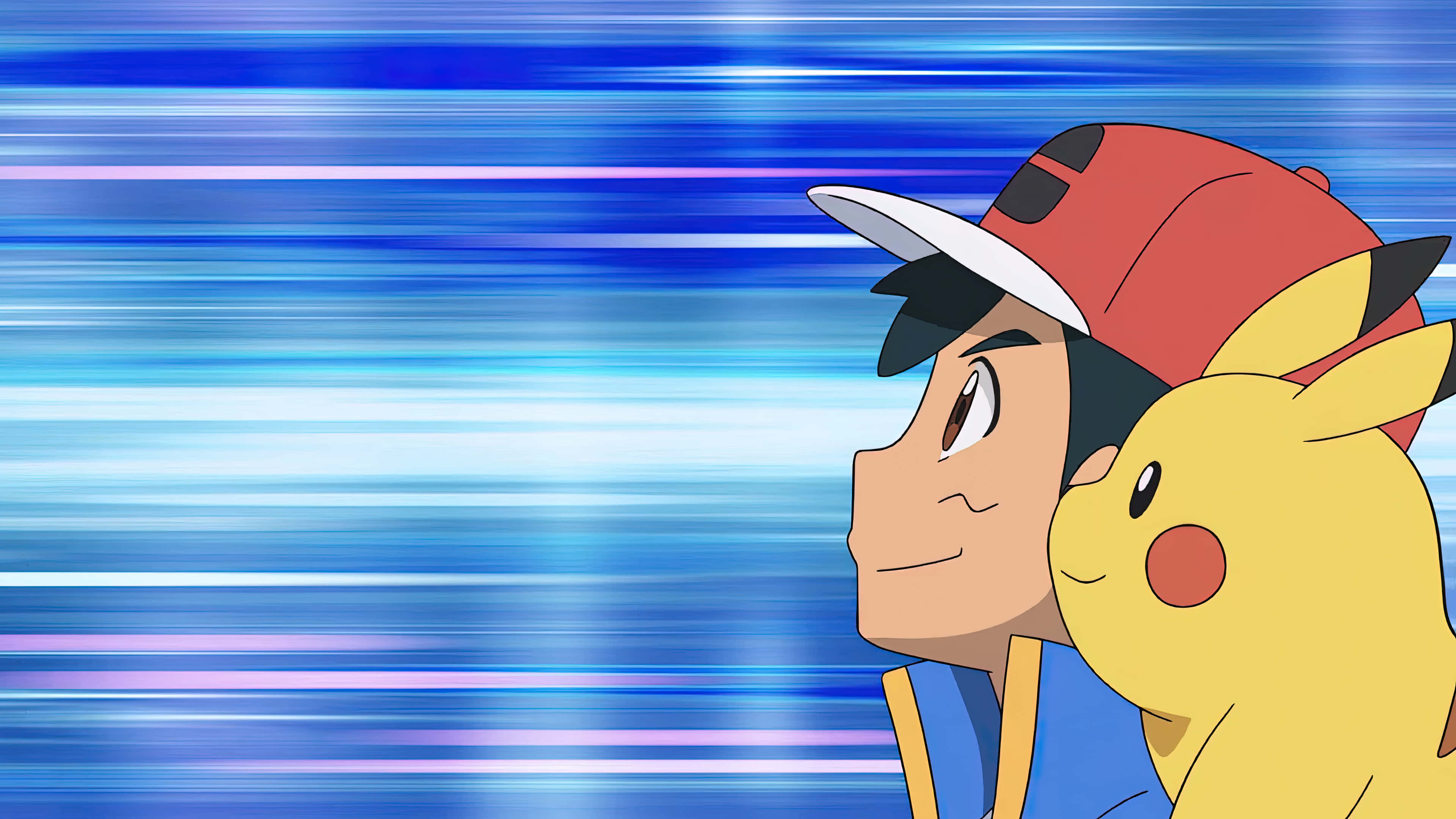 Ash And Pikachu 桌布 壁紙 — 小智與皮卡丘騎著藍色模糊的條紋穿過動態的動畫場景。