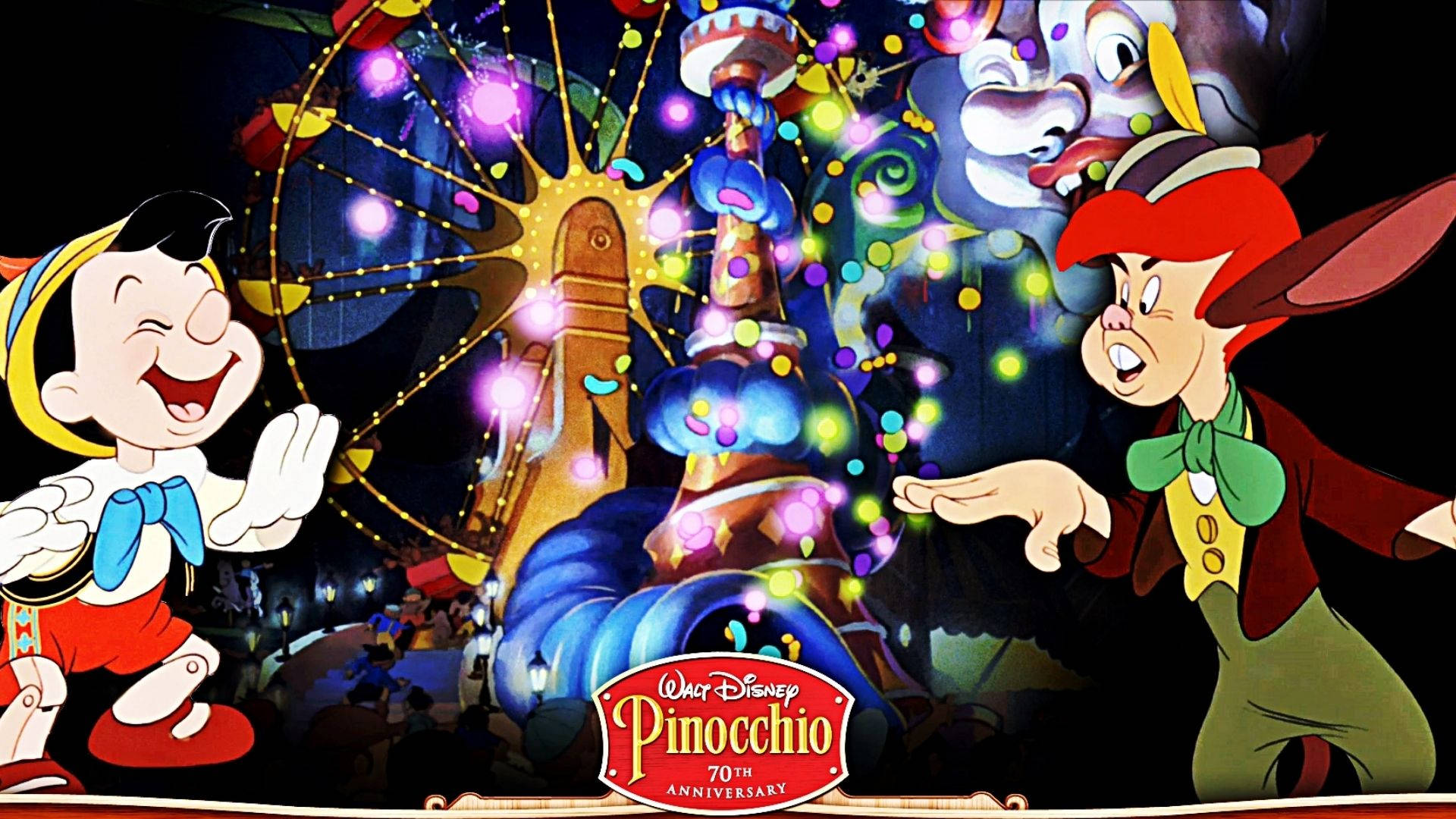 Pinocchio 桌布 壁紙 — 小木偶皮諾丘和吉明尼蟋蟀在一個充滿發光遊樂設施和彩色燈光的熱鬧夜間嘉年華中歡樂慶祝。