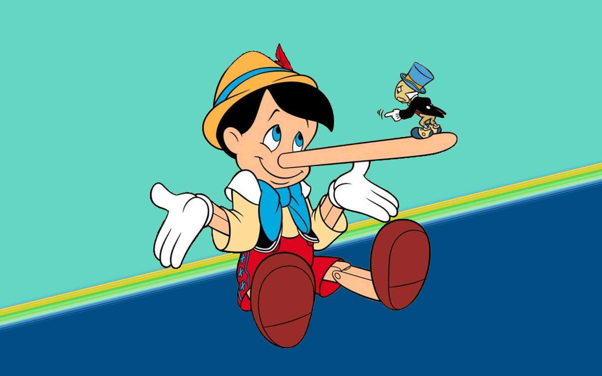 Animated Cartoon 桌布 壁紙 — 小木偶皮諾丘的鼻子變長，吉明尼蟋蟀責備他，背景是藍綠色和藍色，帶有彩虹條紋。