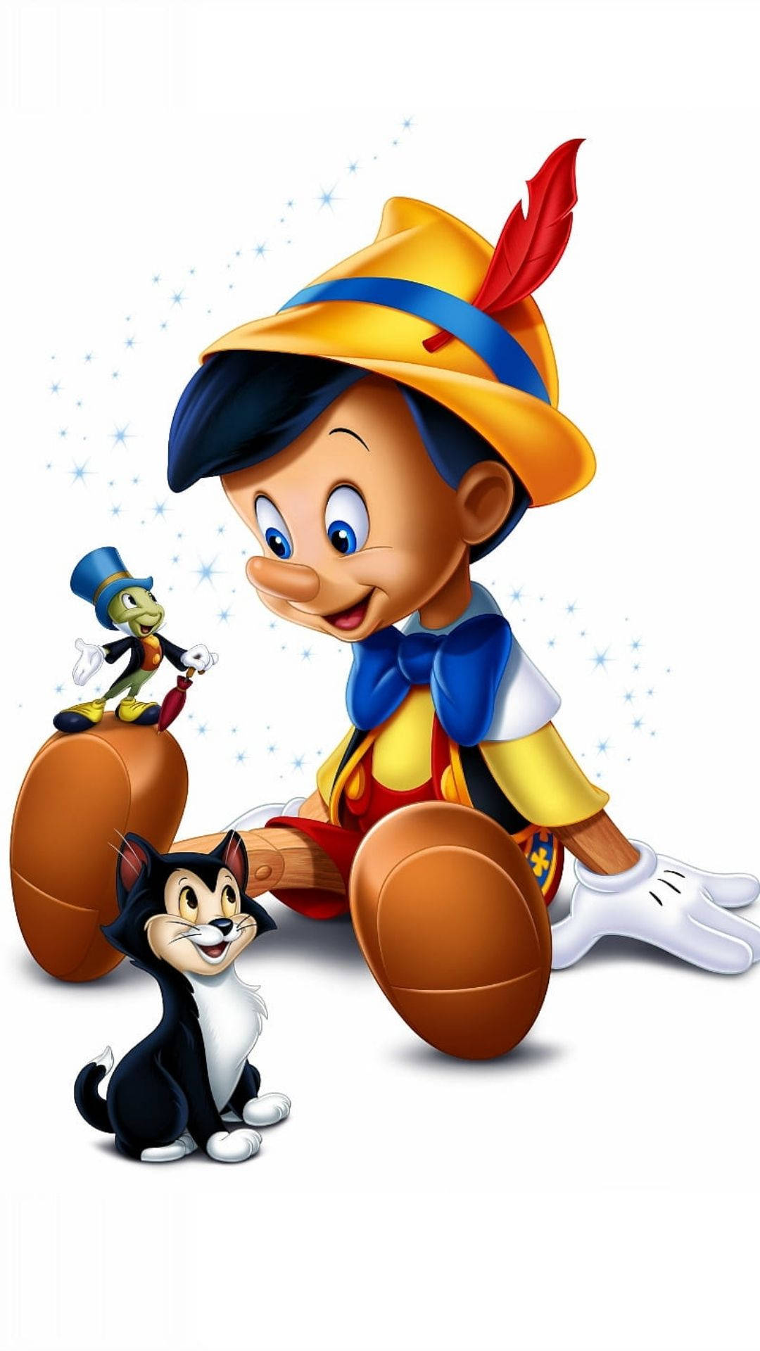 Pinocchio 桌布 壁紙 — 小木偶皮諾丘與他的朋友吉明尼蟋蟀和費加羅在閃閃發光的白色背景前微笑。