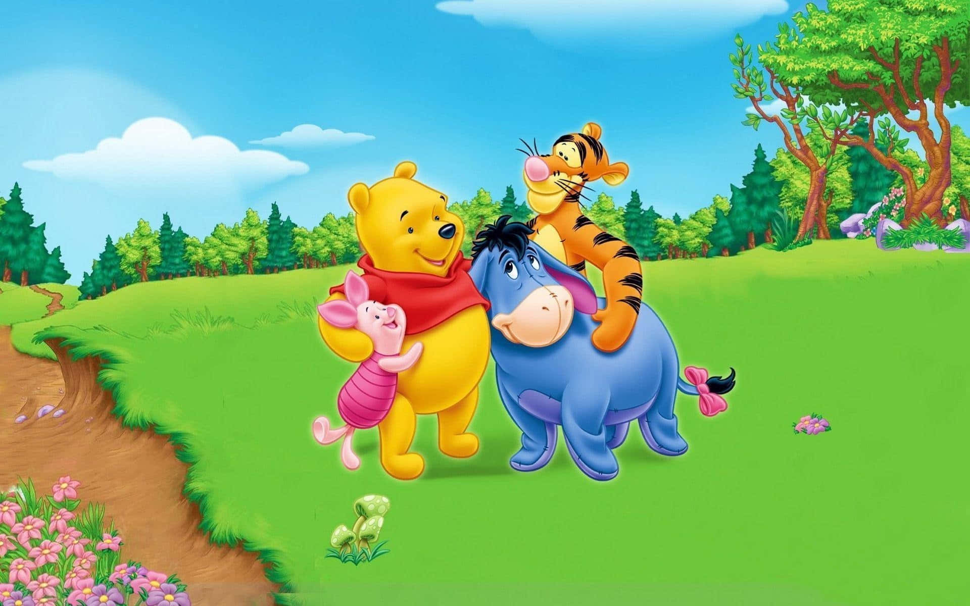 winnie the pooh 桌布 壁紙 — 小熊維尼、小豬、屹耳和跳跳虎在藍天下陽光普照的草地上歡樂地聚集，草地有樹木和花朵。