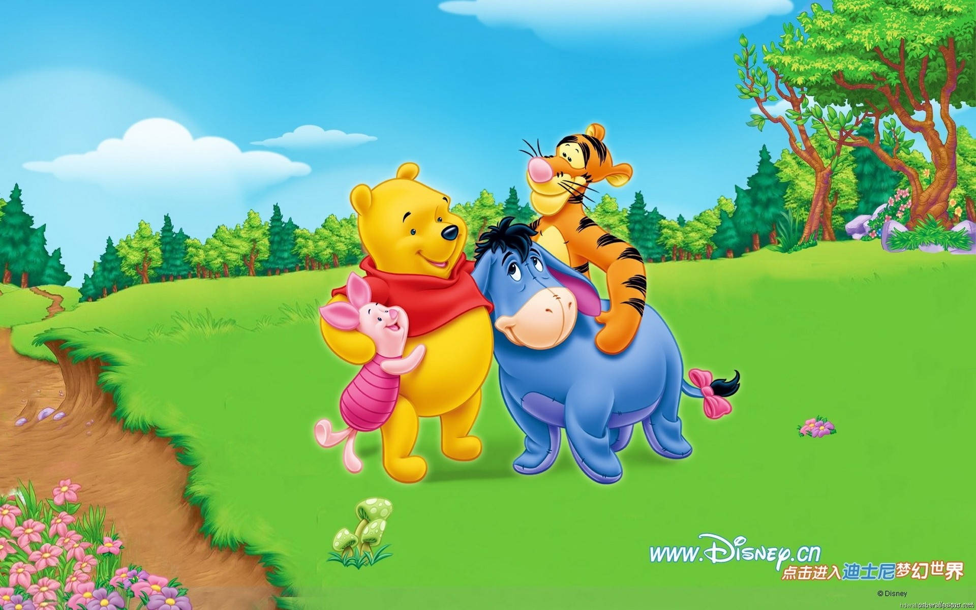 Eeyore 桌布 壁紙 — 小熊維尼、小豬、屹耳和跳跳虎在陽光明媚的草地上歡聚，草地有樹木和花朵，天空蔚藍。