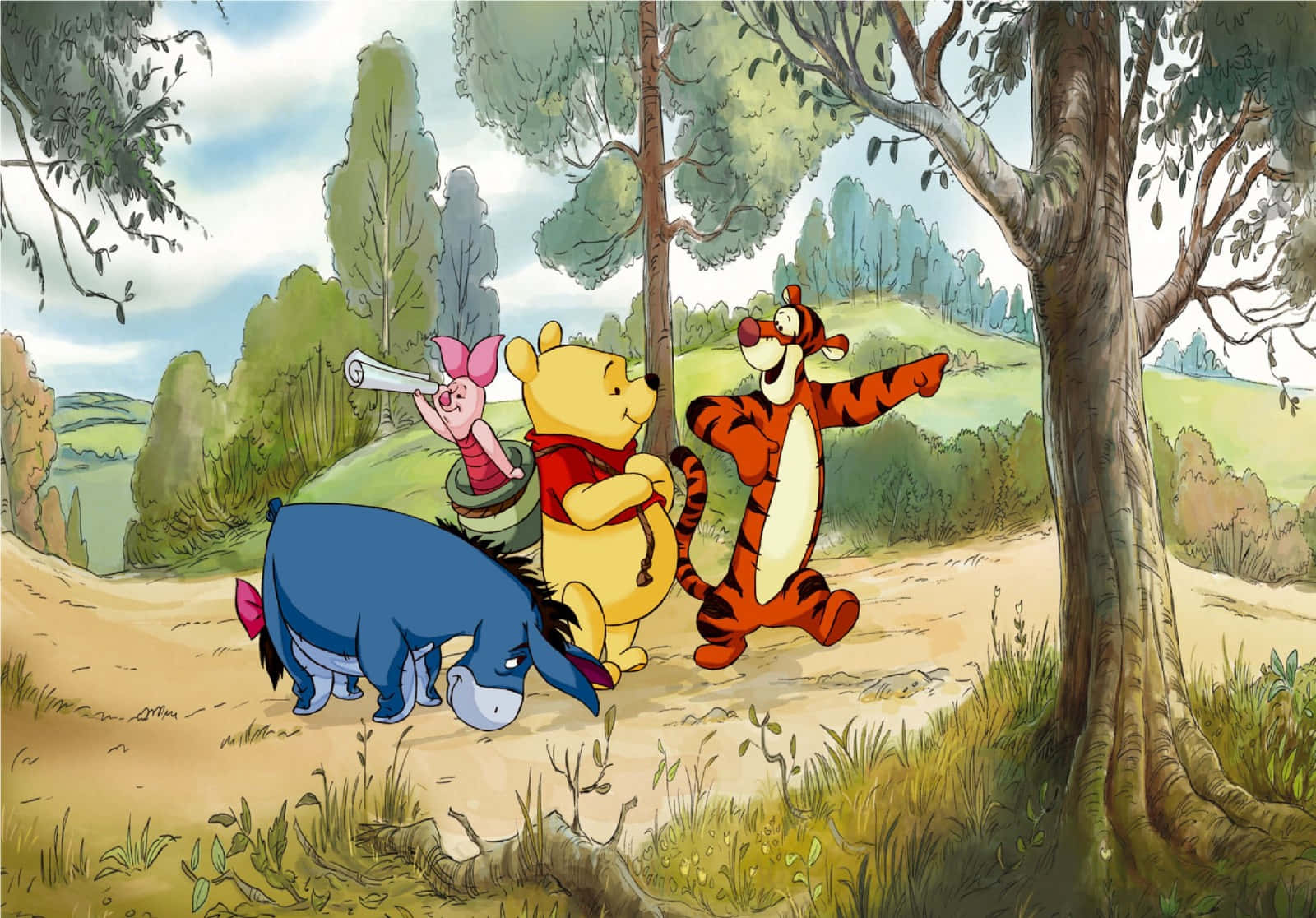 小熊維尼的朋友們在陽光明媚的日子裡穿過森林。 — Winnie the pooh GIF 壁紙