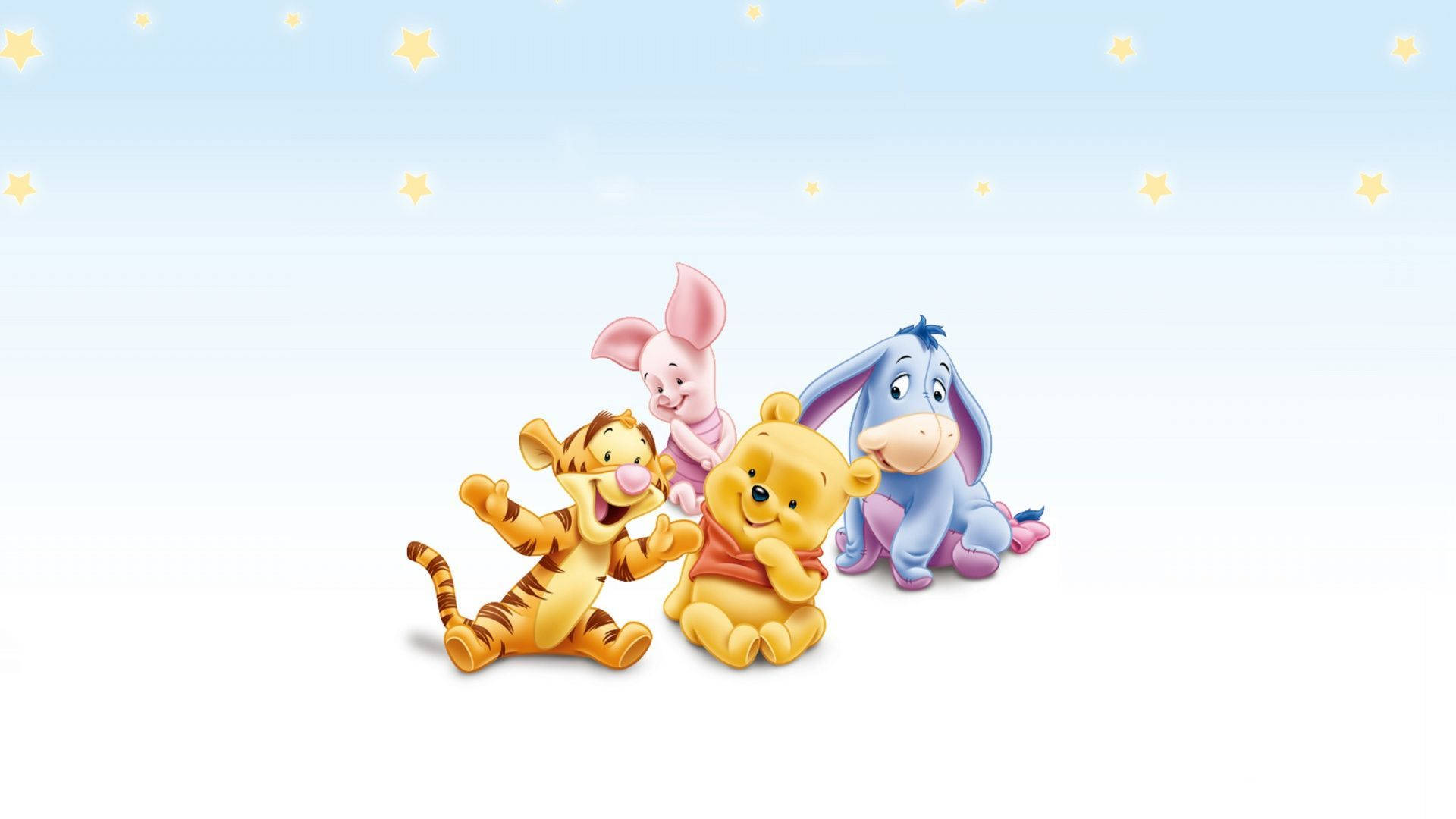 winnie the pooh 桌布 壁紙 — 小熊維尼、小豬和屹耳在星空下聚會，跳跳虎在他們旁邊快樂地跳躍。