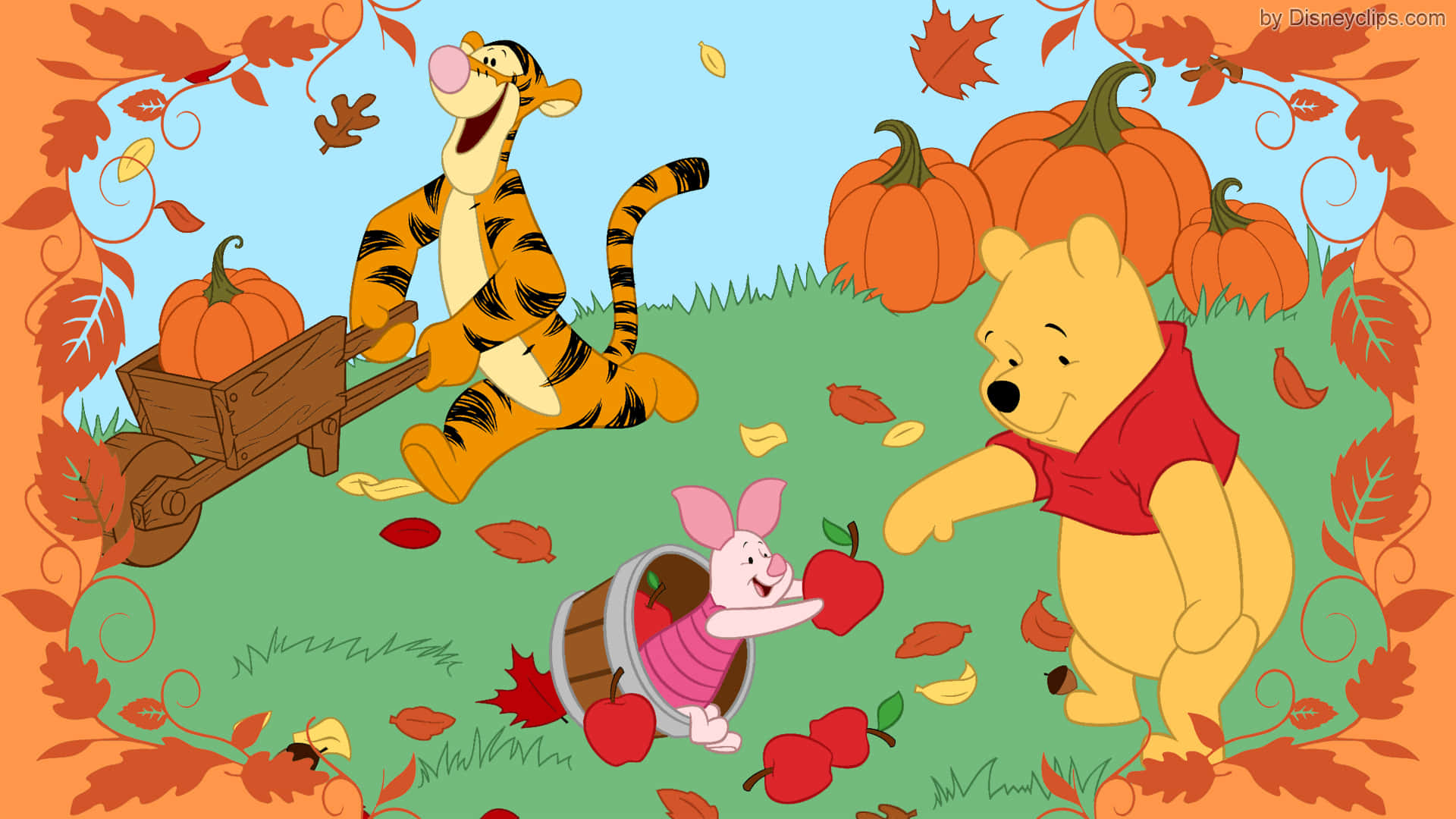 Winnie The Pooh Desktop 桌布 壁紙 — 小熊維尼、小豬和跳跳虎在充滿活力的秋天草地上快樂地收集南瓜和蘋果。
