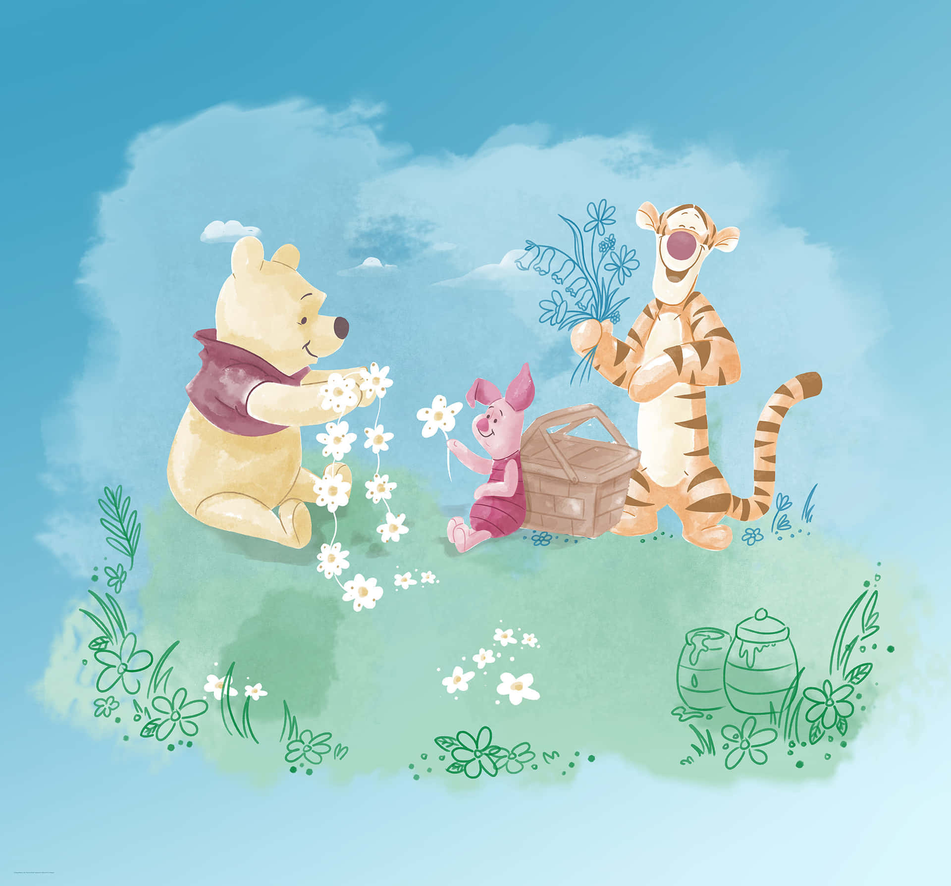 winnie the pooh 桌布 壁紙 — 小熊維尼、小豬和跳跳虎在柔和藍天下陽光普照的草地上快樂地採集雛菊。