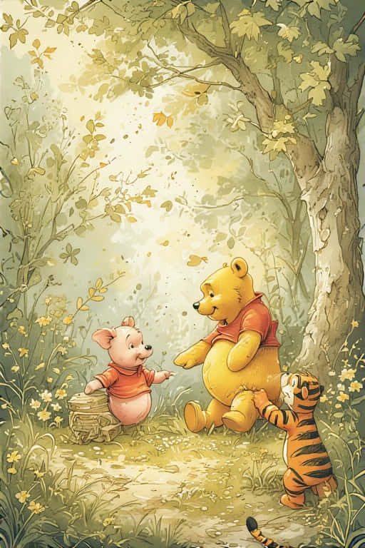 Winnie the Pooh 壁紙 — 小熊維尼、小豬和跳跳虎聚集在一棵枝葉茂密的樹下，陽光普照的林間空地點綴著黃色花朵。