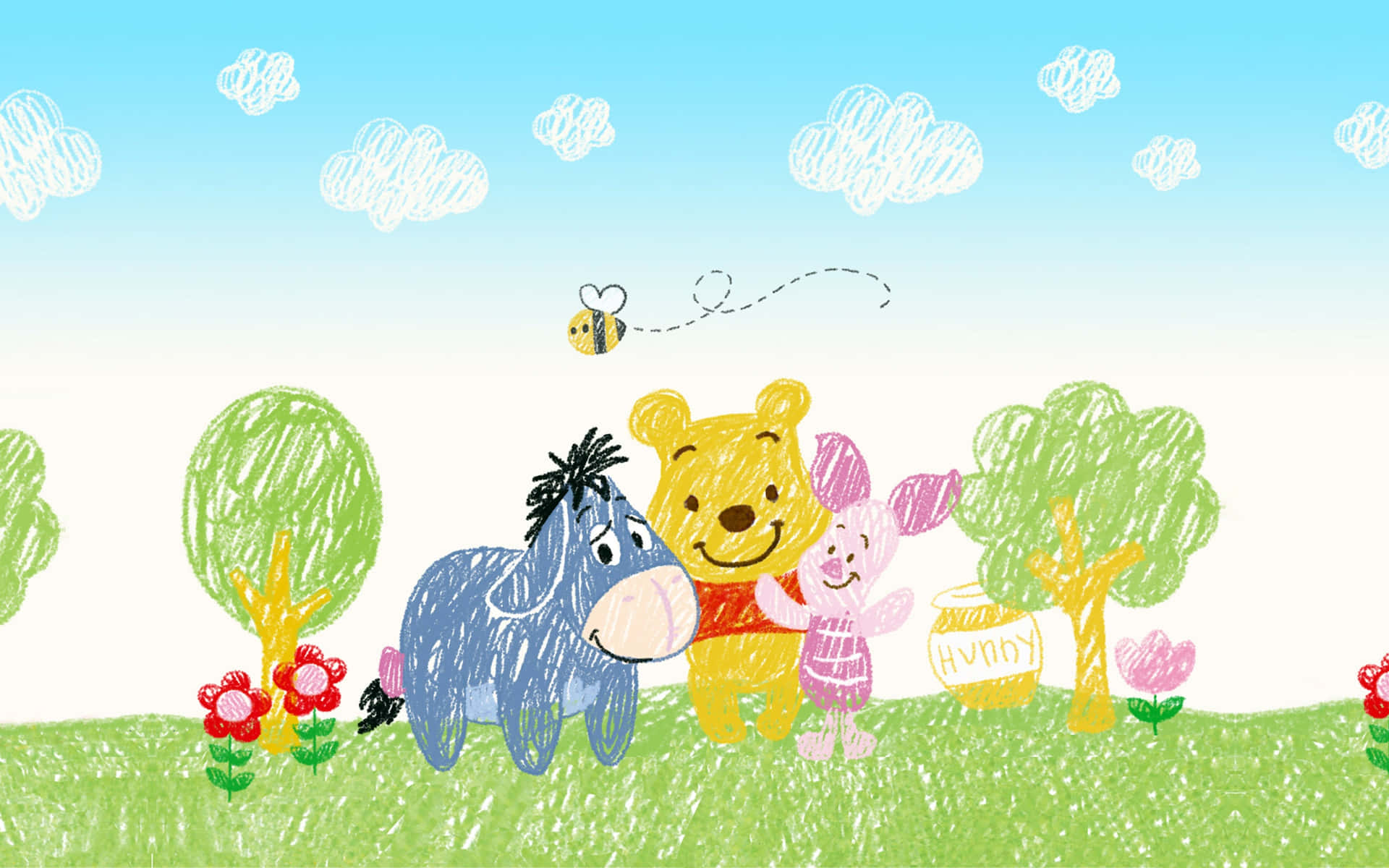 winnie the pooh 桌布 壁紙 — 小熊維尼、屹耳和小豬一起站在陽光明媚的草地上，周圍有樹木、花朵和一隻嗡嗡作響的蜜蜂。