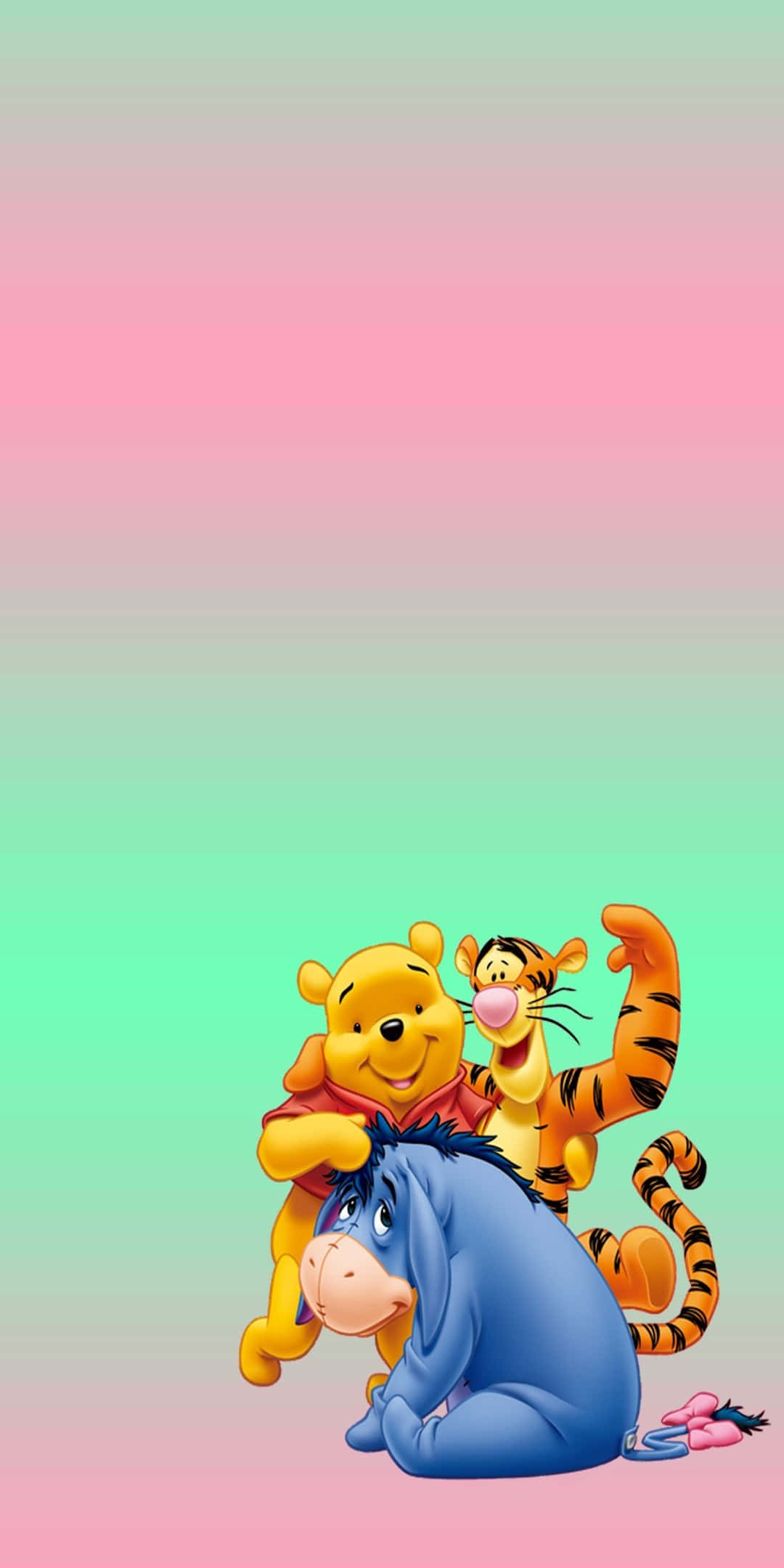 Pixel 3 Disney 桌布 壁紙 — 小熊維尼、跳跳虎和屹耳一起坐在柔和的粉紅和薄荷漸變背景上。