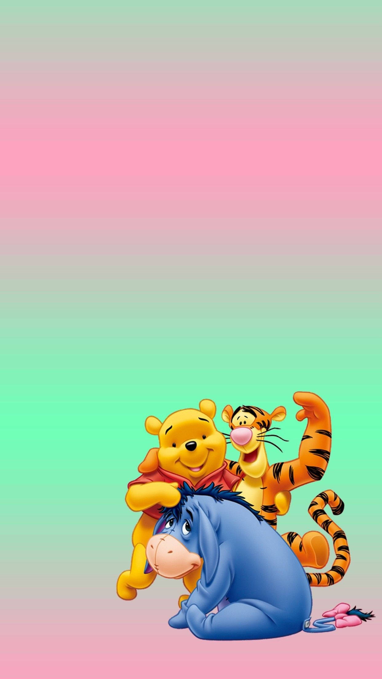 winnie the pooh 桌布 壁紙 — 小熊維尼、跳跳虎和屹耳在柔和的粉紅色和藍綠色漸變背景前愉快地擺姿勢。