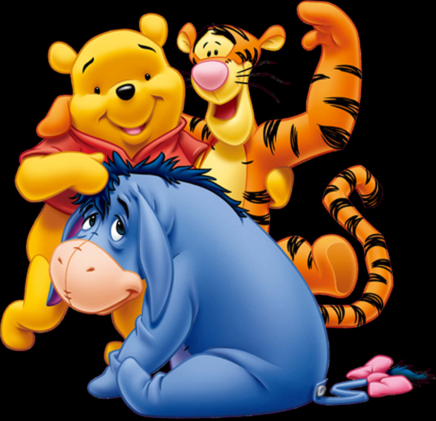 Cartoon Characters 桌布 壁紙 — 小熊維尼、跳跳虎和屹耳在黑色背景前以經典迪士尼動畫風格愉快地擺姿勢。