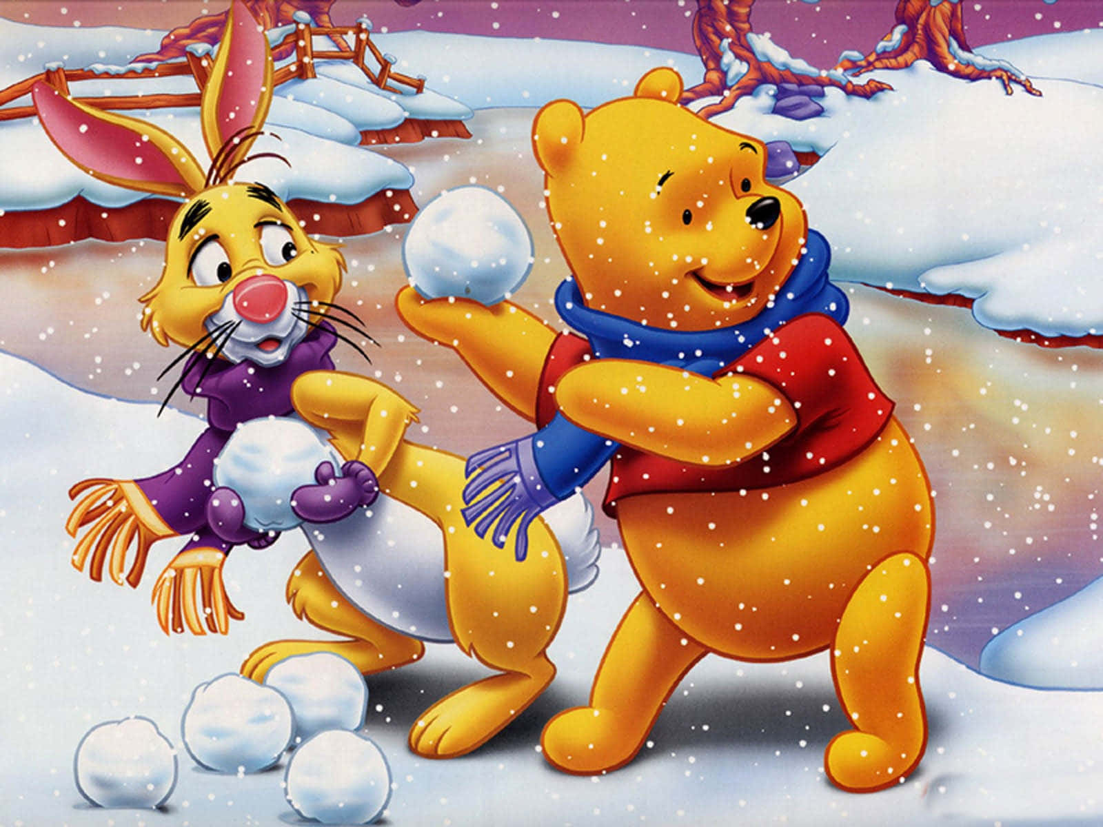 Winnie The Pooh Desktop 桌布 壁紙 — 小熊維尼和兔子在雪花飄落的雪白冬季景觀中愉快地堆雪球。