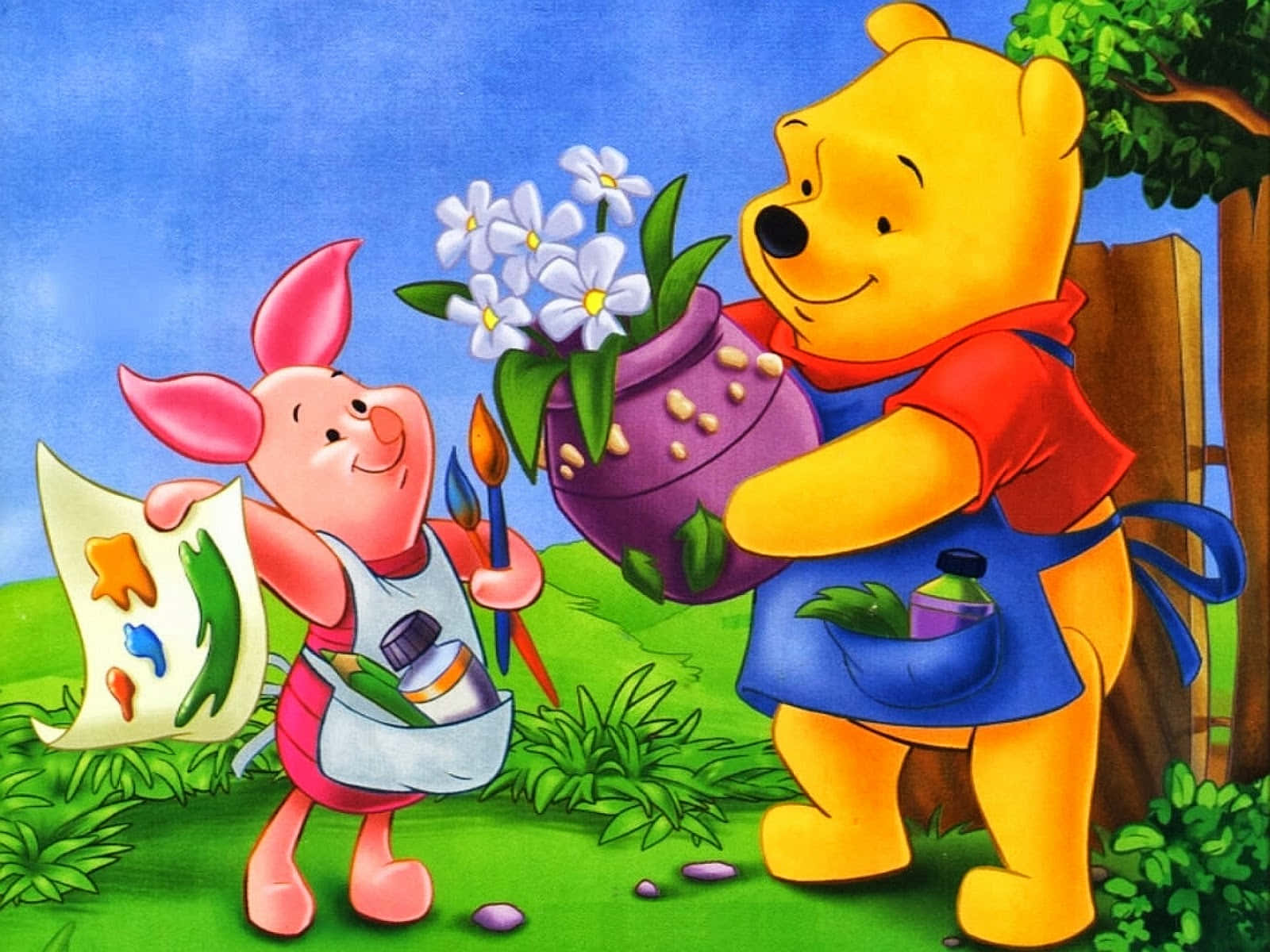 小熊維尼和小豬在陽光明媚的花園裡一起畫畫。 — Winnie the pooh GIF 壁紙