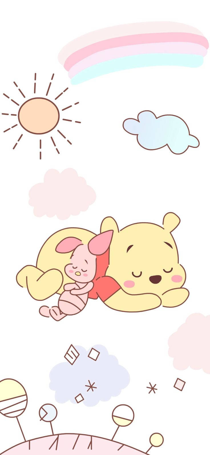 winnie the pooh 桌布 壁紙 — 小熊維尼和小豬在柔和雲朵下的粉彩彩虹和太陽中平靜地依偎。