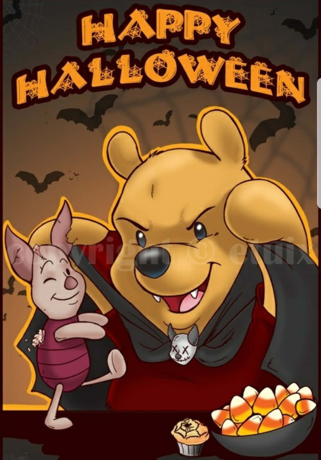 Winnie The Pooh Halloween 桌布 壁紙 — 小熊維尼和小豬打扮成吸血鬼，配上糖果玉米和蝙蝠，在萬聖節主題插圖中。