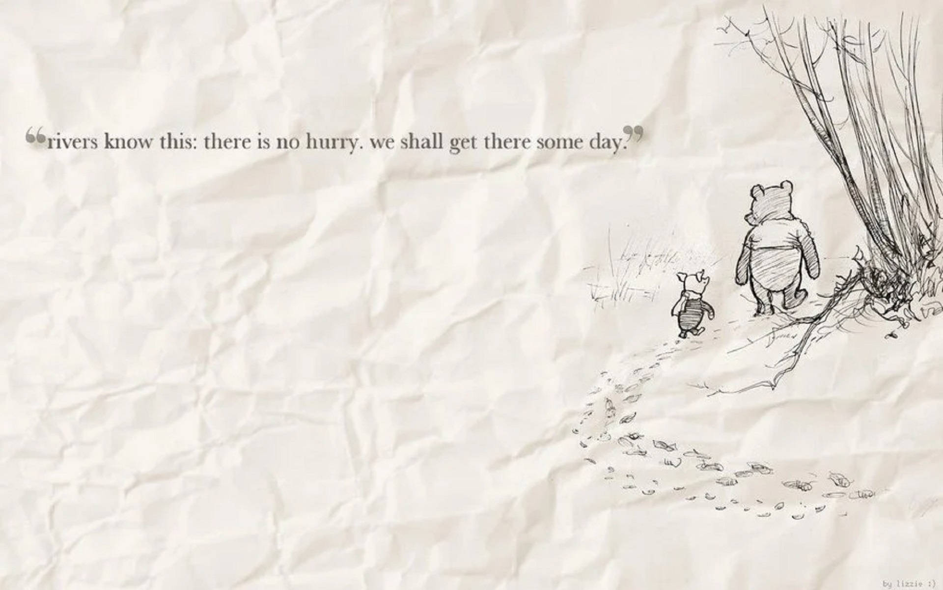 Winnie The Pooh Quotes 桌布 壁紙 — 小熊維尼和小豬沿著一條雪徑穿過光禿禿的樹木，走在皺巴巴的紙上，上面有一句關於耐心的名言。