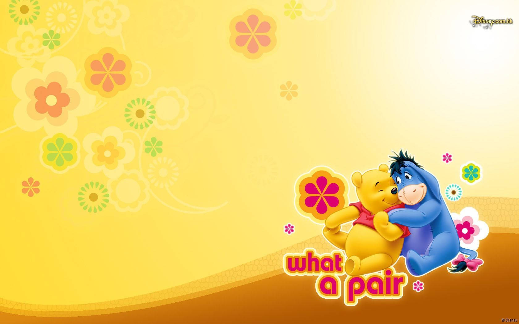 winnie the pooh 桌布 壁紙 — 小熊維尼和屹耳在帶有花卉圖案和文字「what a pair」的歡快黃色背景上溫暖地擁抱。