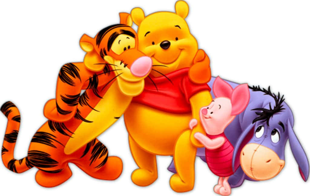winnie the pooh 桌布 壁紙 — 小熊維尼和朋友們以歡樂的卡通群體姿勢溫暖地擁抱。