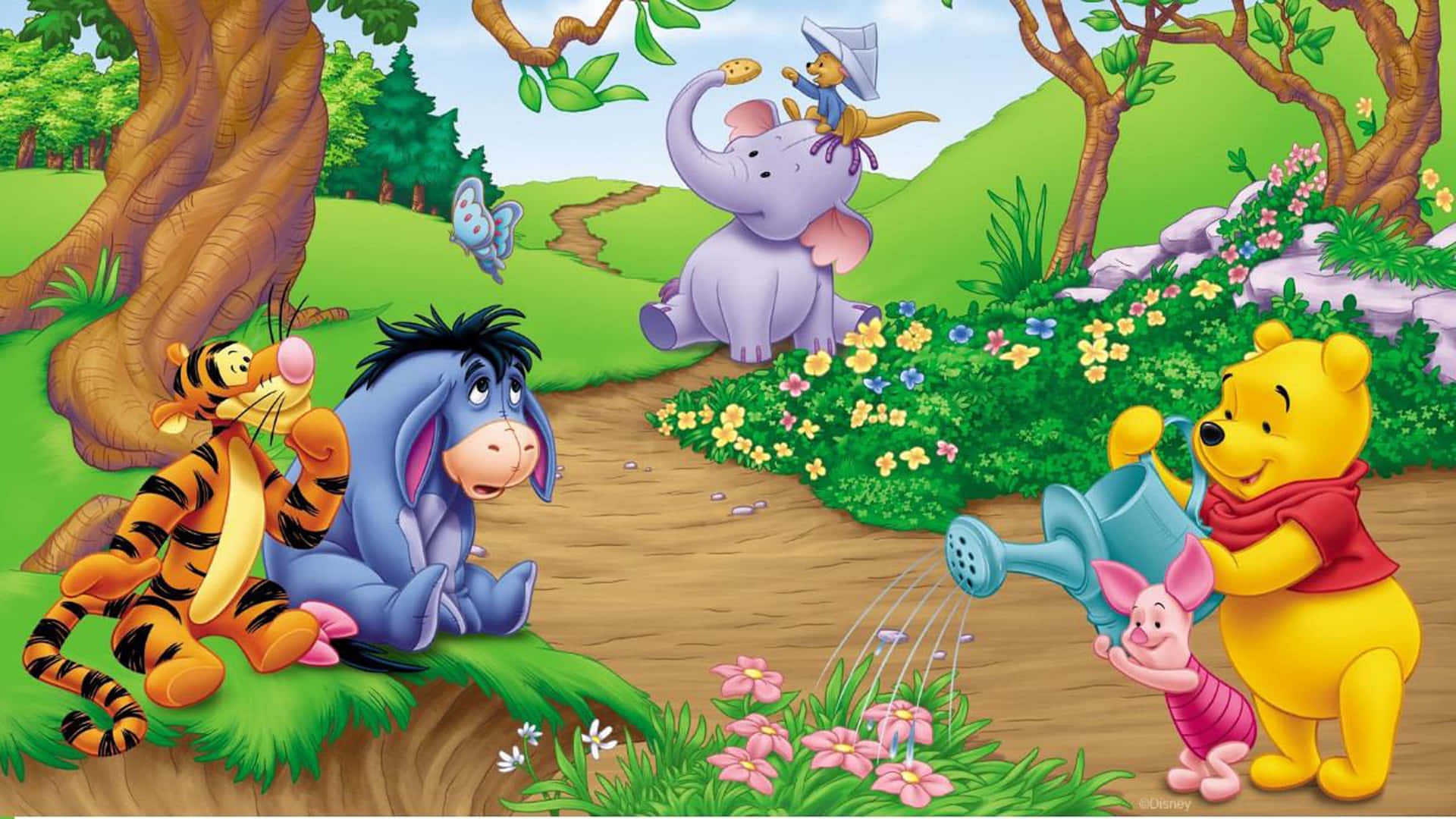 winnie the pooh 桌布 壁紙 — 小熊維尼和朋友們在一個有花朵和蝴蝶的多彩森林花園裡享受陽光燦爛的一天。