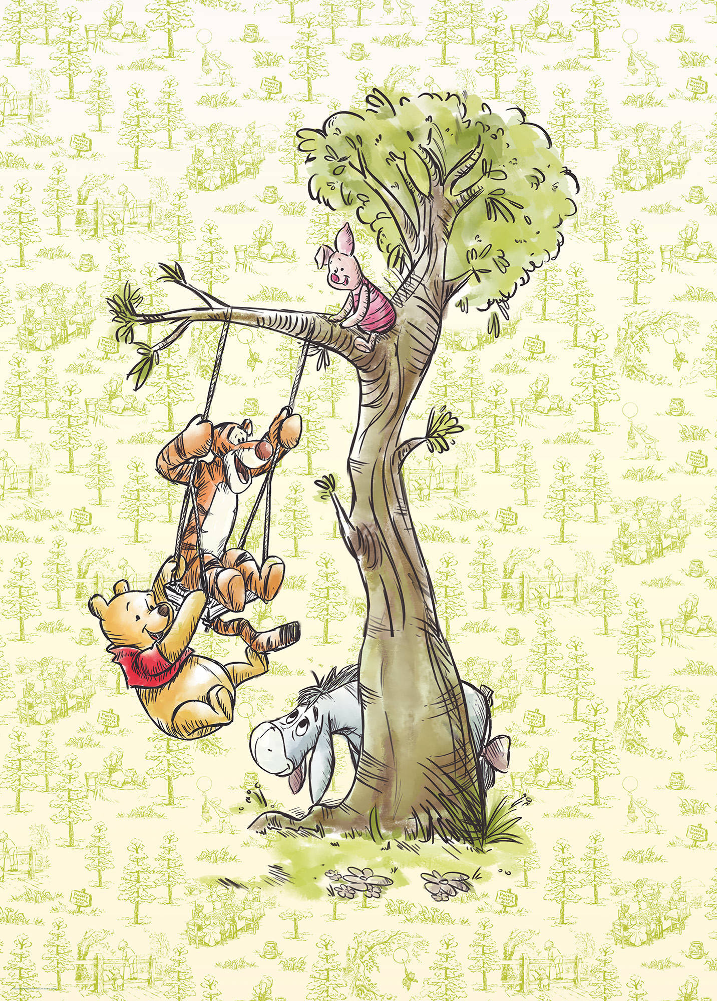 Eeyore 桌布 壁紙 — 小熊維尼和朋友們在奇幻的插畫森林場景中，在樹上盪鞦韆和坐著玩耍。