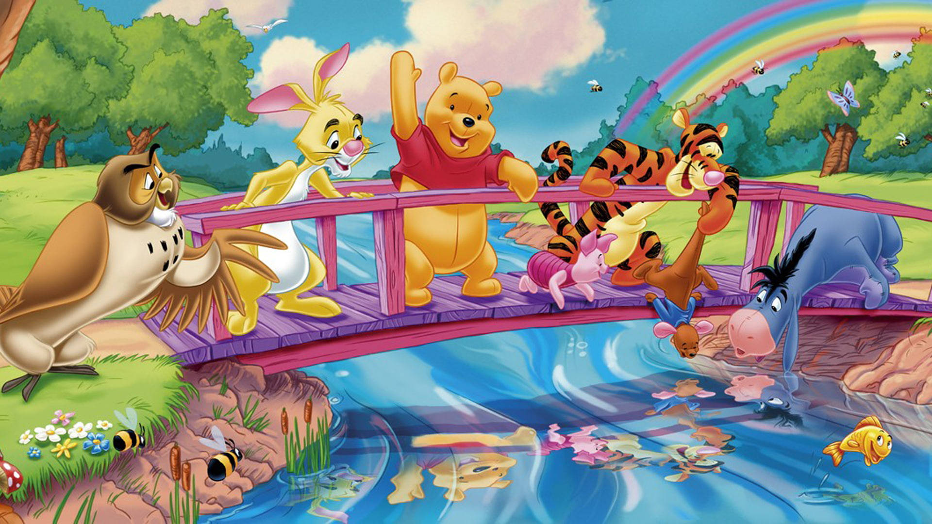 Disney Characters 桌布 壁紙 — 小熊維尼和朋友們在彩虹下愉快地走過一條橫跨閃爍溪流的木橋。