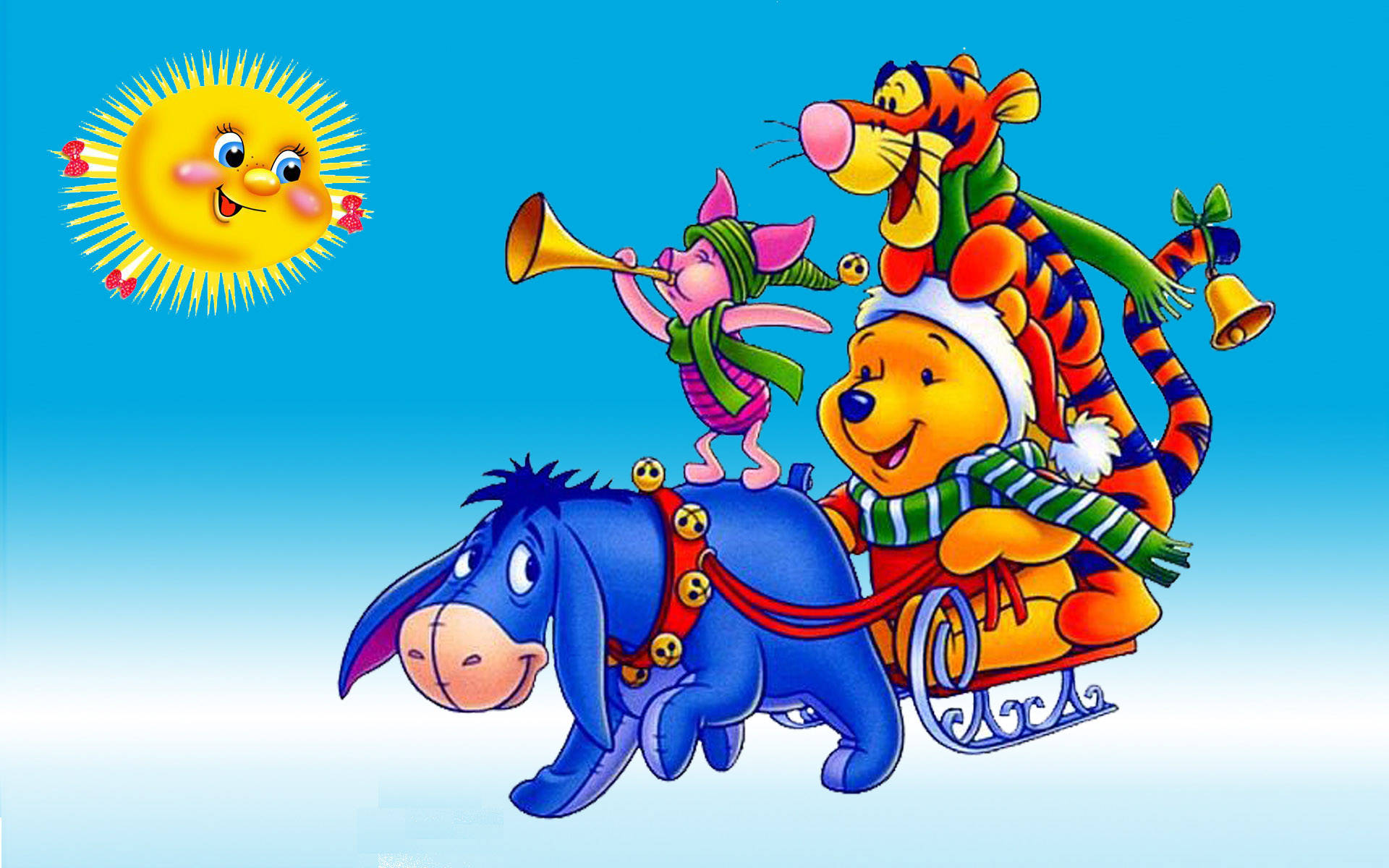Eeyore 桌布 壁紙 — 小熊維尼和朋友們在微笑的太陽下，在明亮的藍天中，快樂地乘坐由咿喲拉著的雪橇。