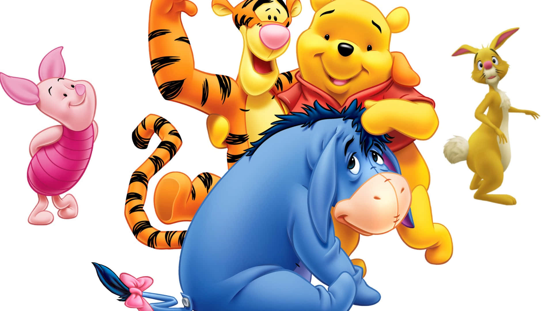 winnie the pooh 桌布 壁紙 — 小熊維尼和朋友們在明亮的卡通場景中歡樂地聚集，帶著愉快的神情。