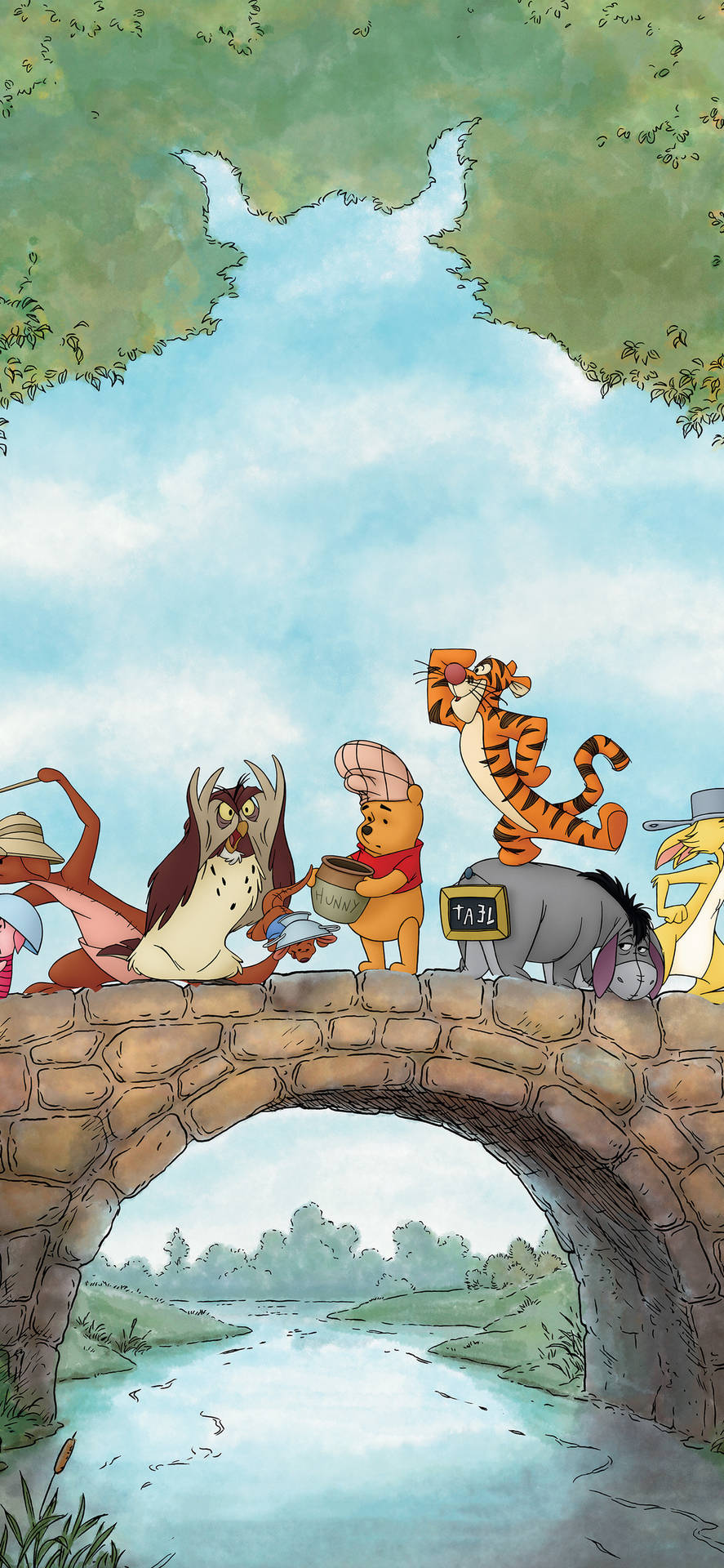 小熊維尼和朋友們正在越過一條河流上的石橋。 — Winnie the pooh GIF 壁紙