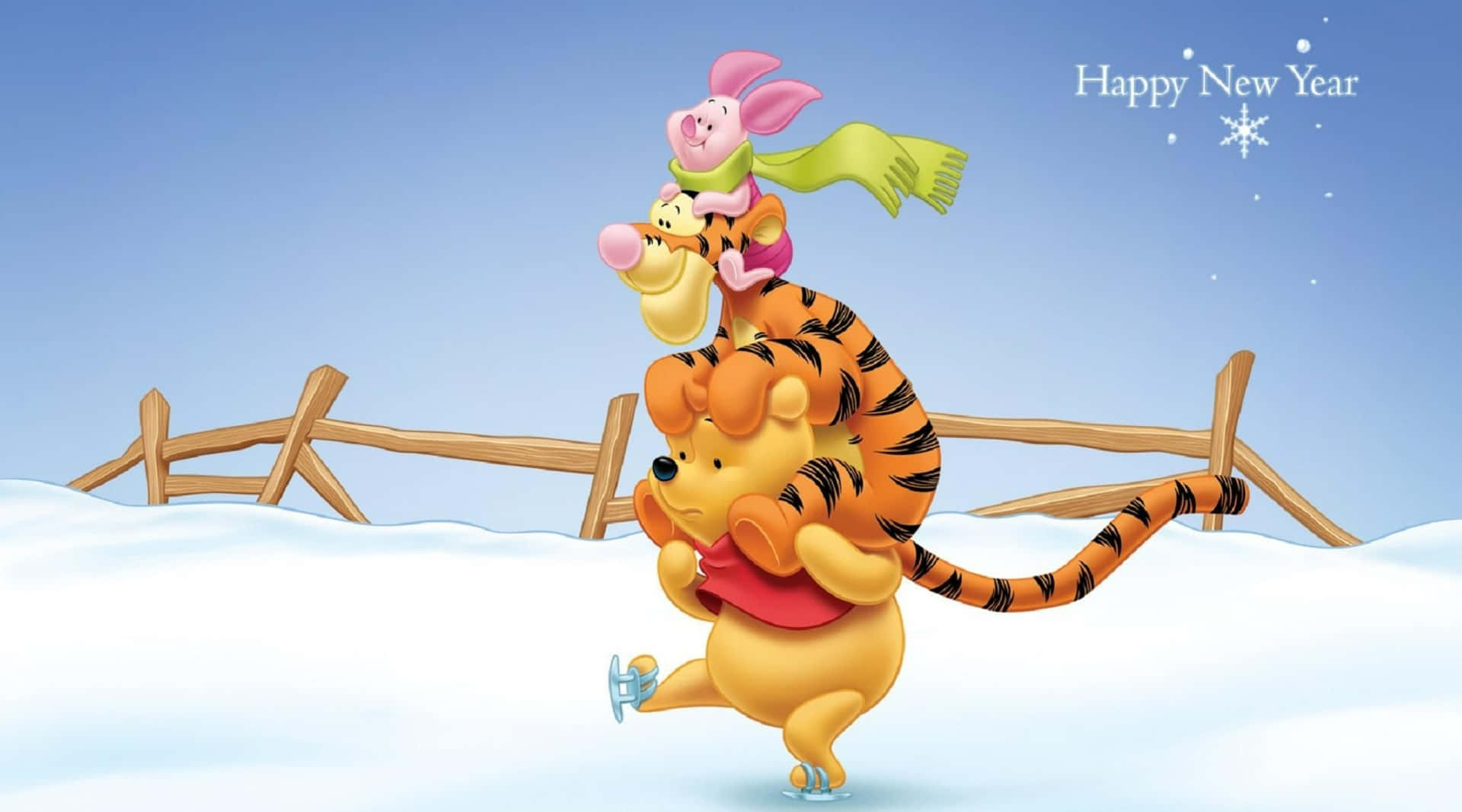 winnie the pooh 桌布 壁紙 — 小熊維尼和朋友們在晴朗藍天下的雪地溜冰，背景有木柵欄。