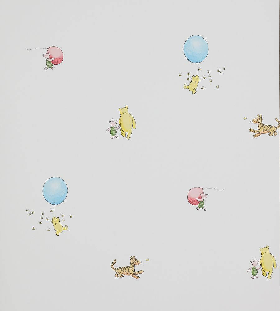 winnie the pooh 桌布 壁紙 — 小熊維尼和朋友們在柔和的灰色背景上漂浮和奔跑，手持彩色氣球。