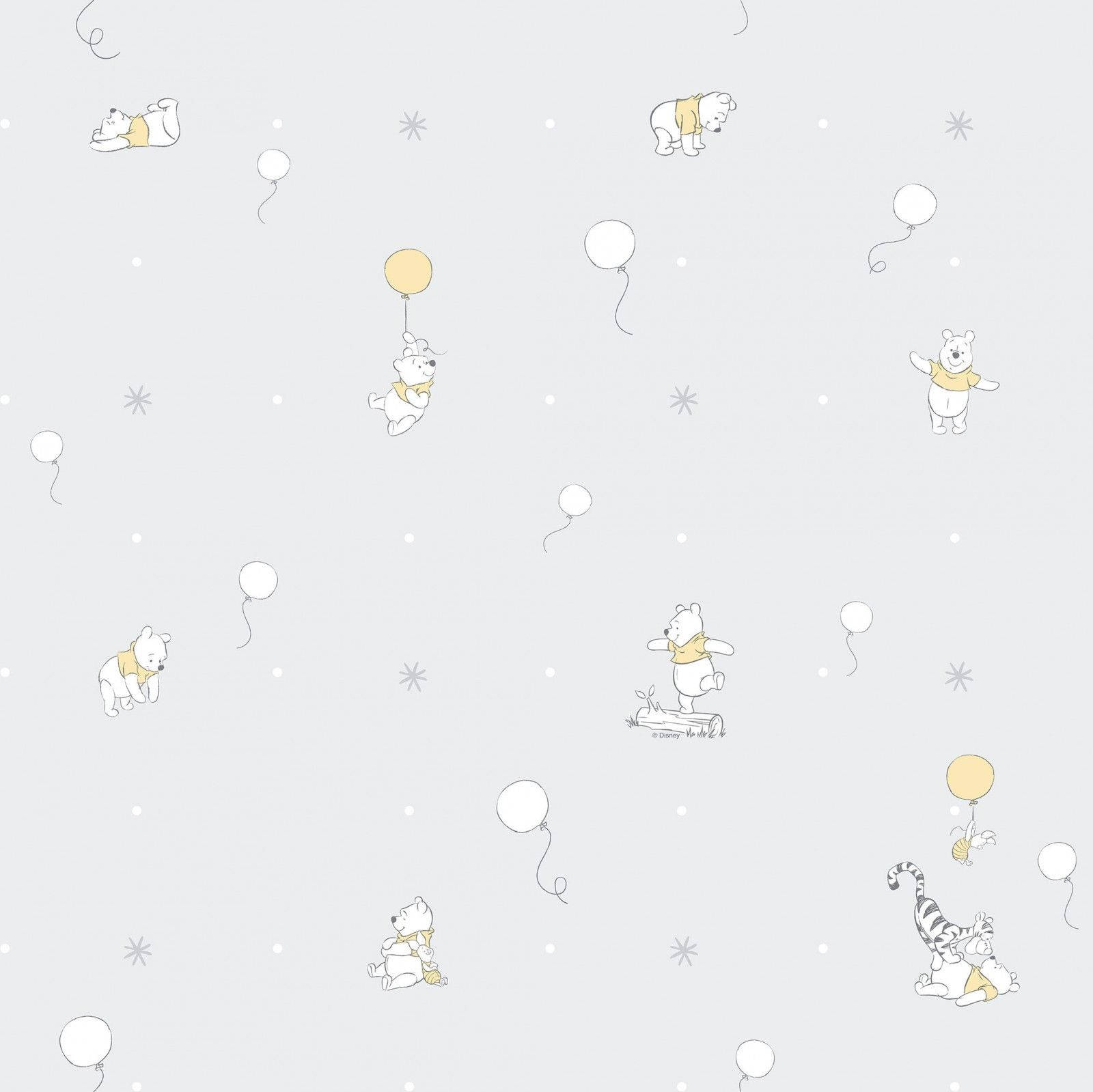 winnie the pooh 桌布 壁紙 — 小熊維尼和朋友們在柔和的灰色背景上，在氣球和星星之間嬉戲地漂浮。