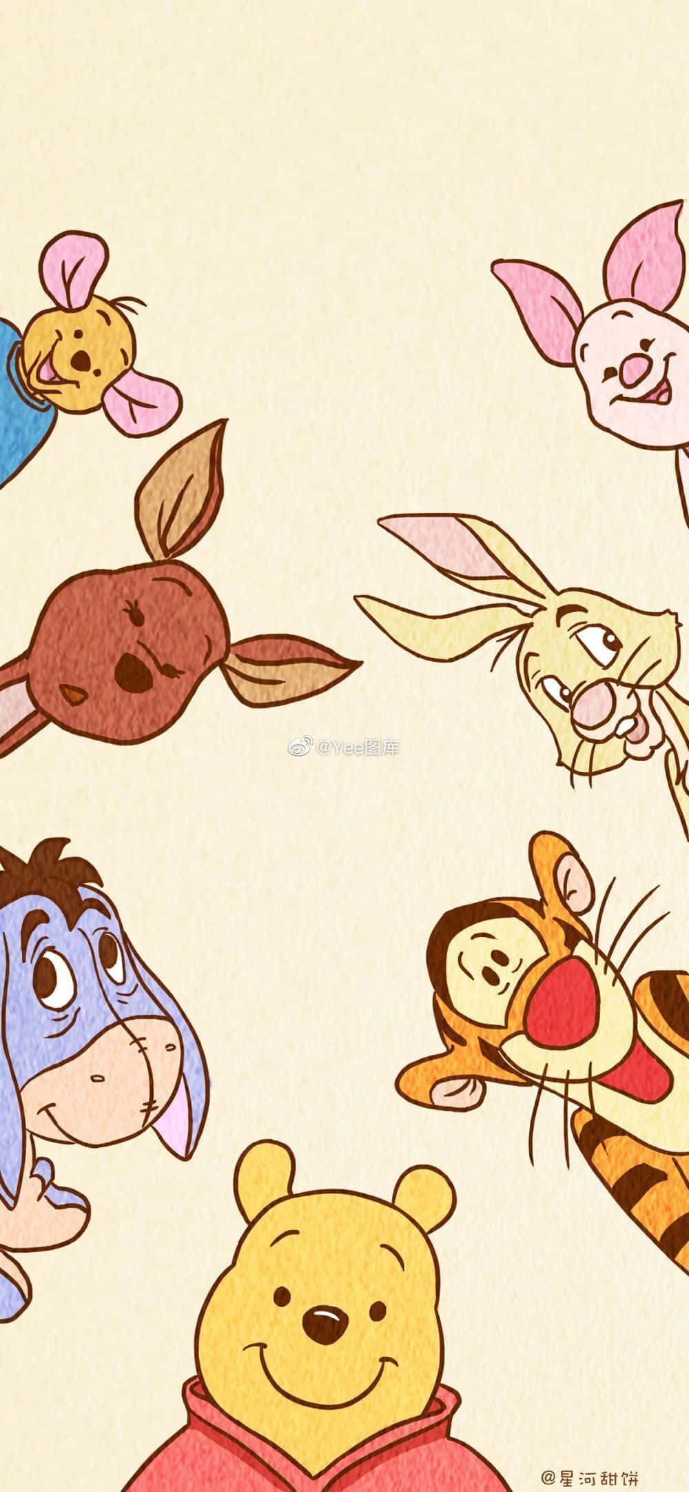 Winnie The Pooh Aesthetic 桌布 壁紙 — 小熊維尼和朋友們在柔和的米色背景上快樂地漂浮，表情俏皮。