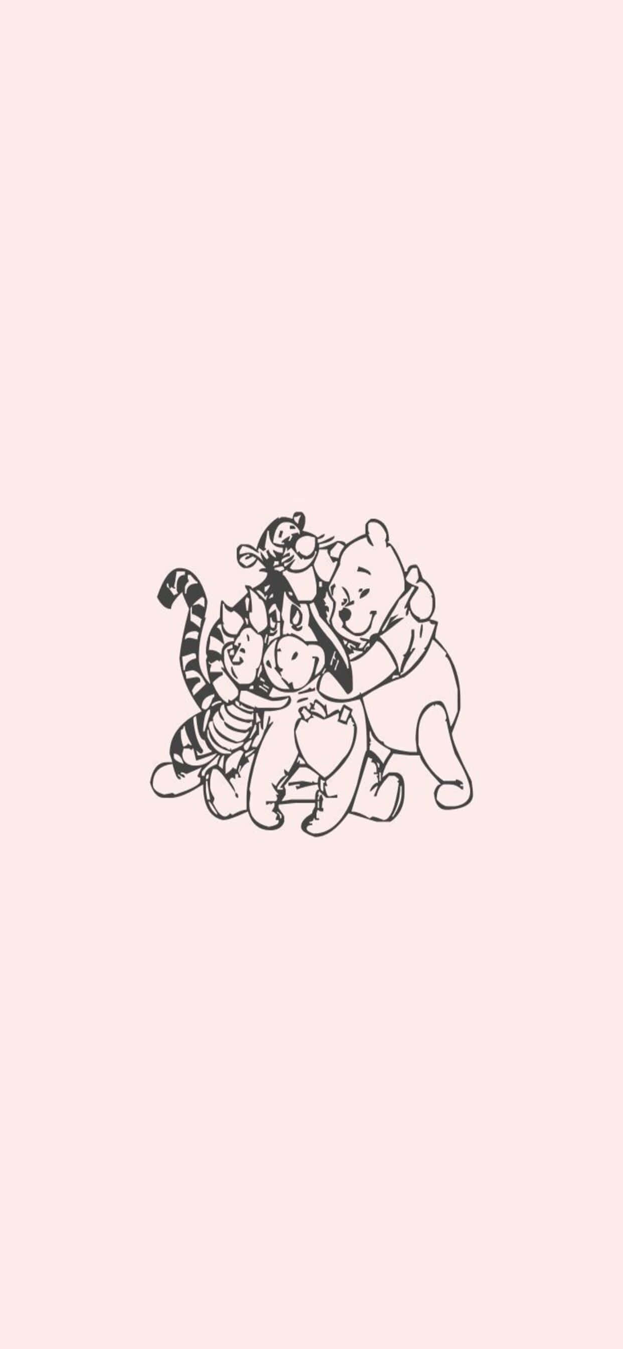 iPhone Xs Max Disney 桌布 壁紙 — 小熊維尼和朋友們在柔和的粉紅色背景中緊緊擁抱在一起。