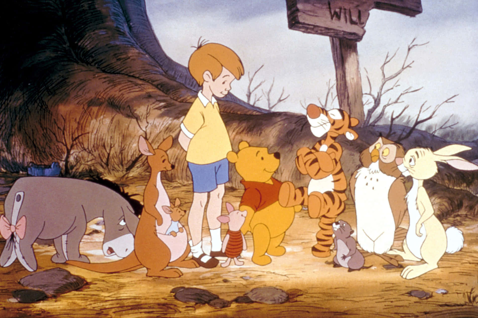 winnie the pooh 桌布 壁紙 — 小熊維尼和朋友們在森林空地中，圍著一個男孩，旁邊有一個寫著「WILL」的標誌。
