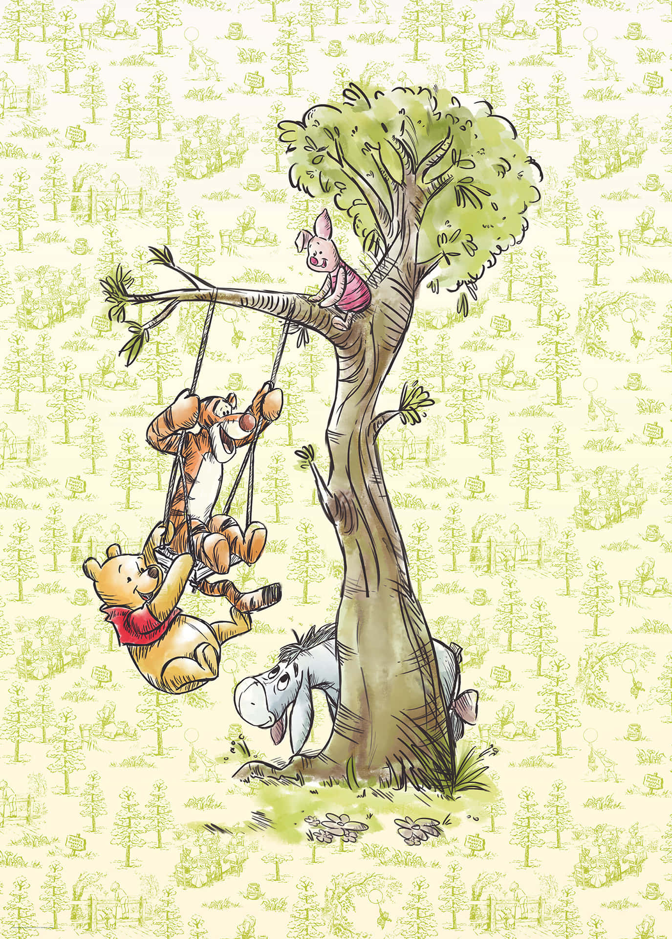 winnie the pooh 桌布 壁紙 — 小熊維尼和朋友們在樹周圍玩耍，小豬在樹枝上，咿唷在附近，營造出一個夢幻的森林場景。