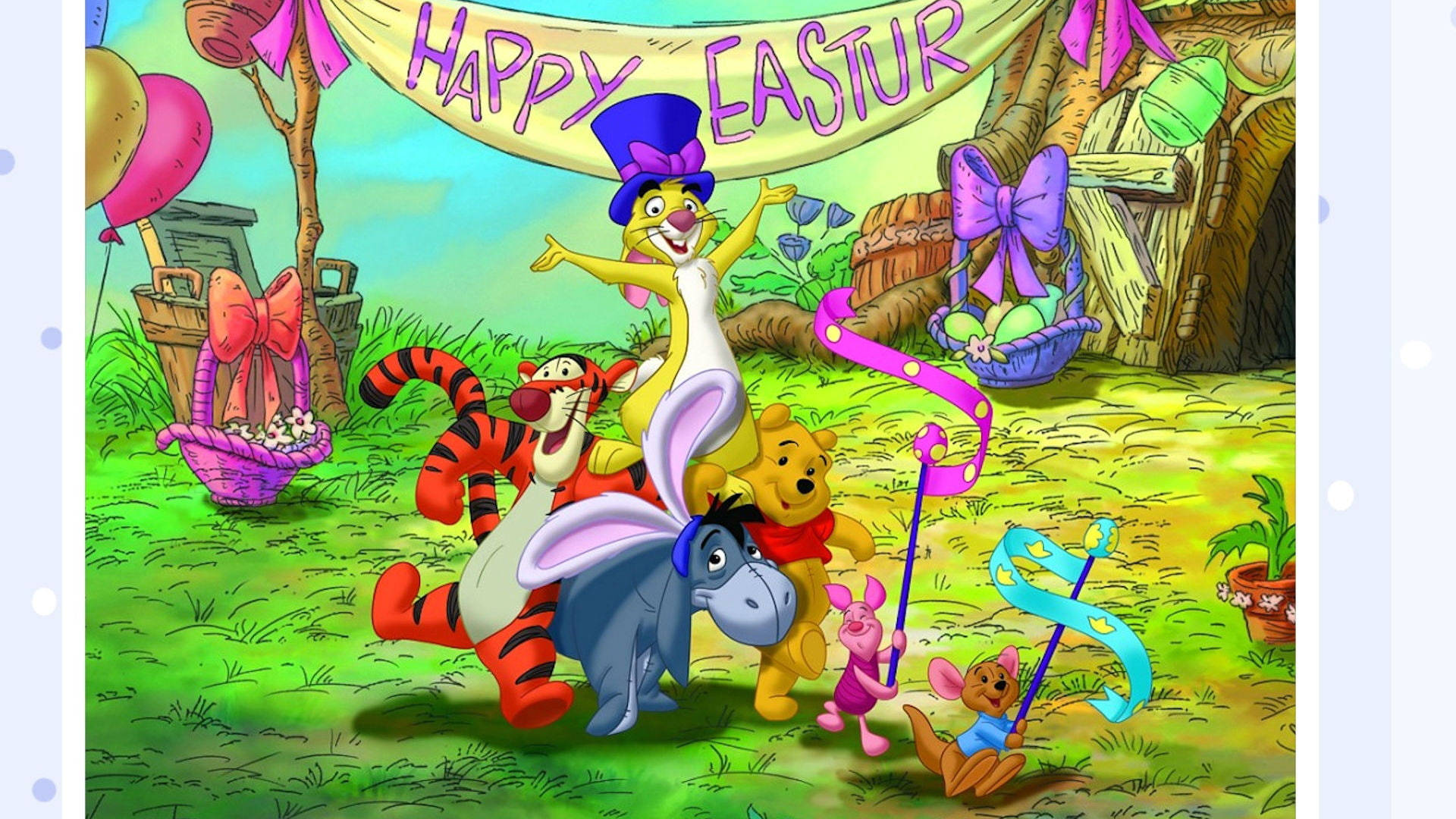 Eeyore 桌布 壁紙 — 小熊維尼和朋友們在節日橫幅下的色彩繽紛卡通花園中慶祝復活節。