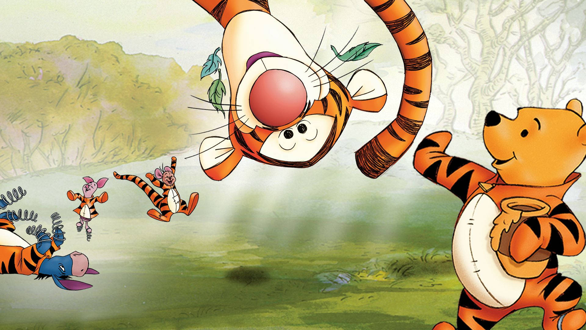 Tigger 桌布 壁紙 — 小熊維尼和朋友們在陽光明媚的林間空地快樂地玩耍，跳跳虎高高地跳在空中。