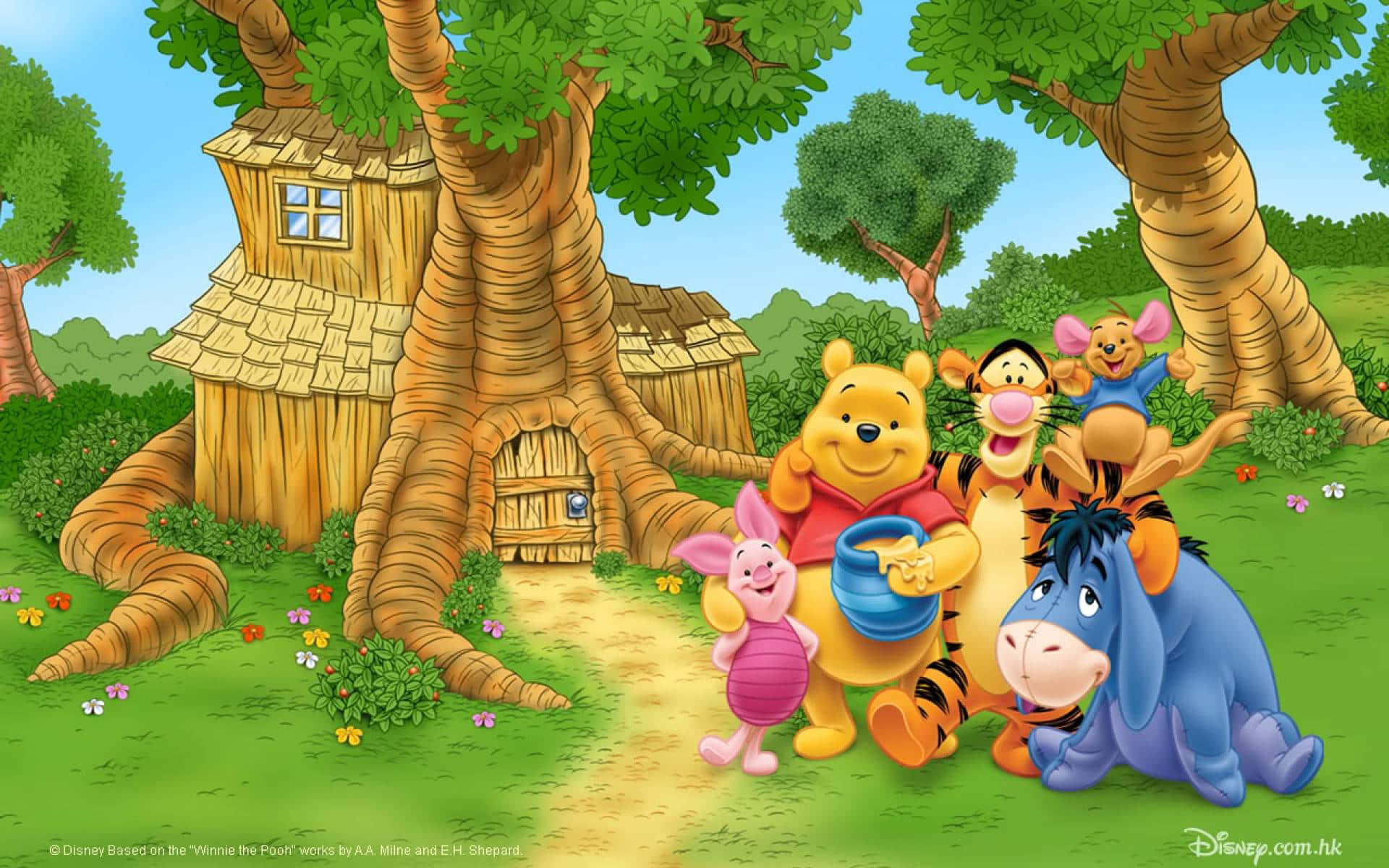 小熊維尼和朋友們在森林中的樹屋前微笑。 — Winnie the pooh GIF 壁紙