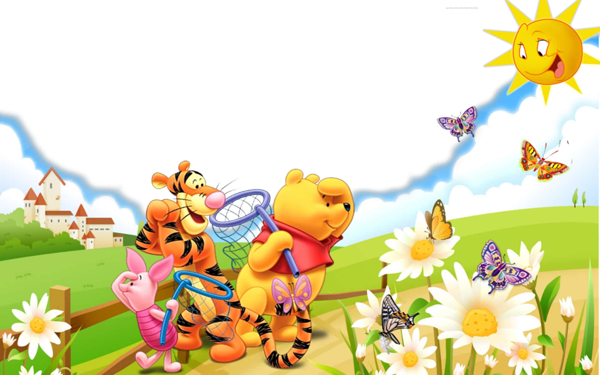 winnie the pooh 桌布 壁紙 — 小熊維尼和朋友們在陽光明媚的草地上快樂地追逐蝴蝶，遠處有微笑的太陽和城堡。