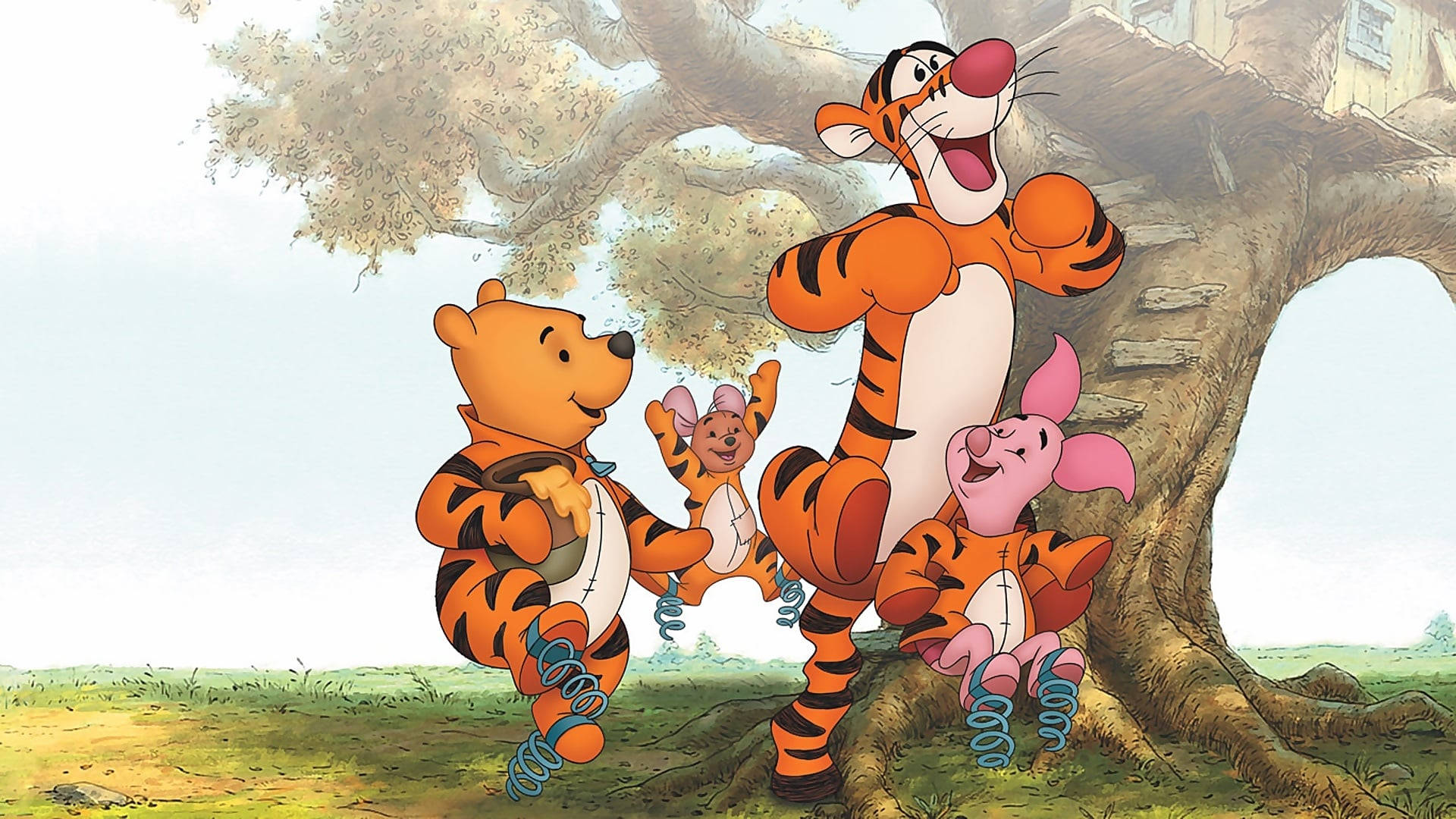 Tigger 桌布 壁紙 — 小熊維尼和朋友們在陽光明媚的草地上，在一棵大樹下開心地彈跳著彈簧。