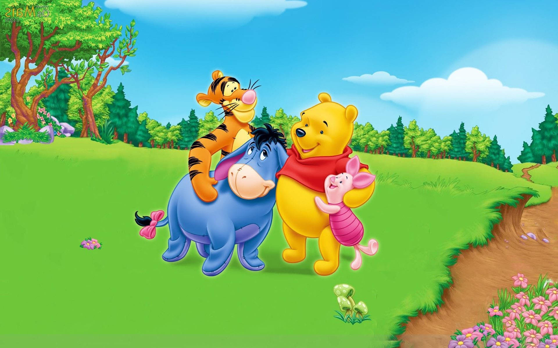Eeyore 桌布 壁紙 — 小熊維尼和朋友們在陽光明媚的草地上歡樂地聚集，草地上有樹木和花朵，天空蔚藍。